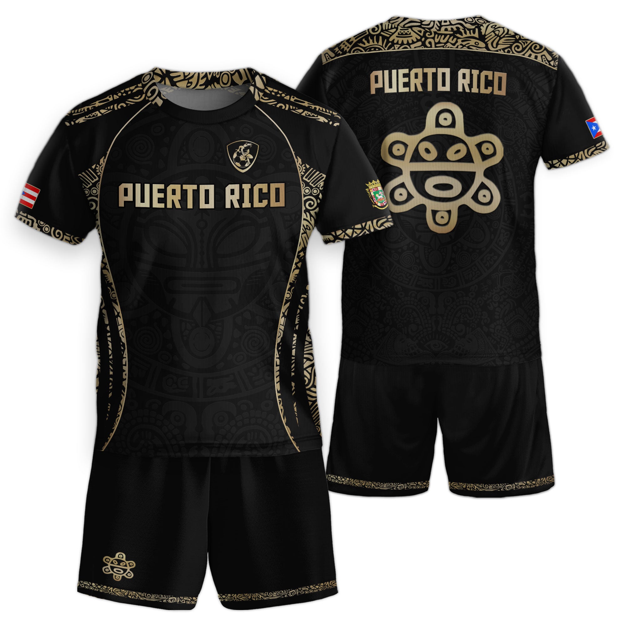 Puerto Rico Kids Youth Black Gold Boricua Taino Sun Mask Tribal Pride Soccer Jersey
