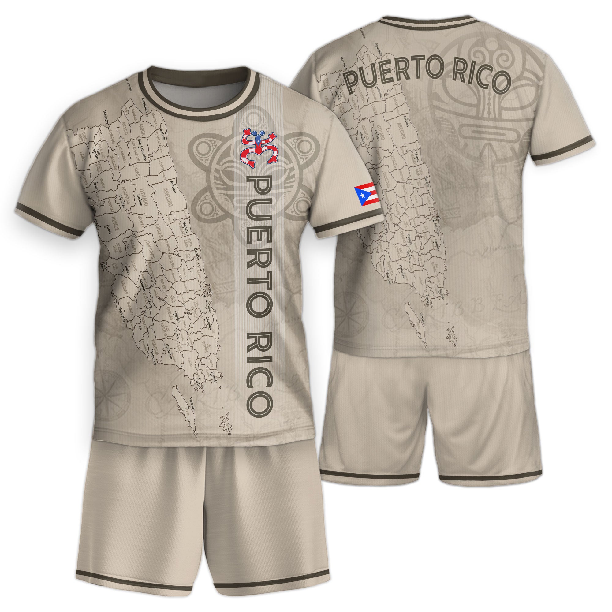 Camiseta de fútbol juvenil beige con el mapa dorado de la herencia nacional Taino Coqui de Puerto Rico para niños