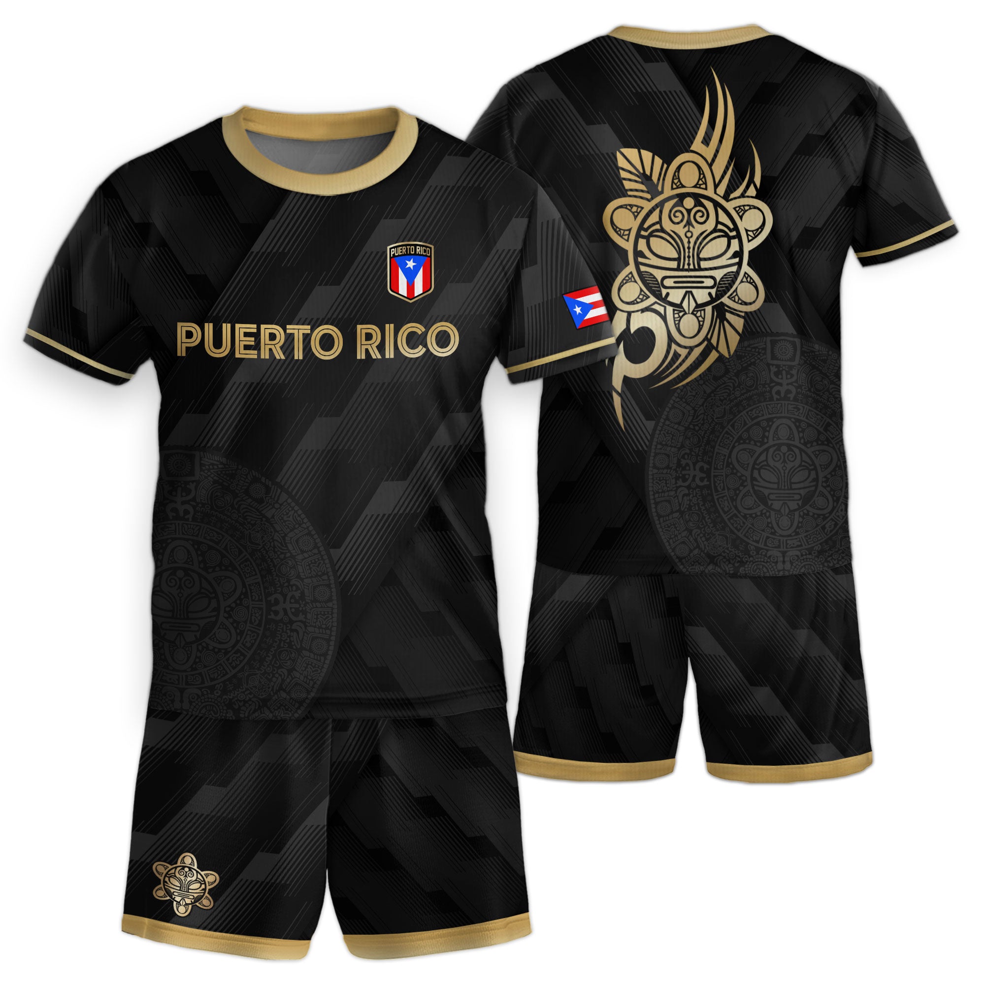 Puerto Rico Kids Youth Black Gold Modern Pattern Taino Sun Heritage Soccer Jersey