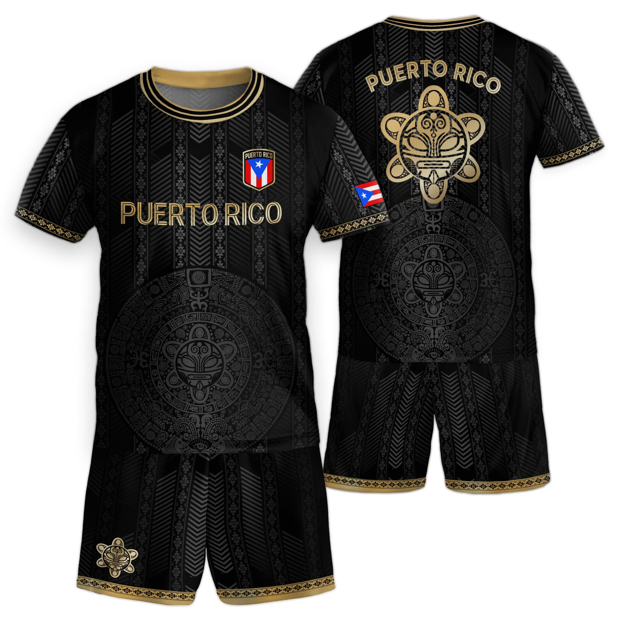 Puerto Rico Kids Youth Black Gold Tribal Stripe Taino Sun Heritage Soccer Jersey