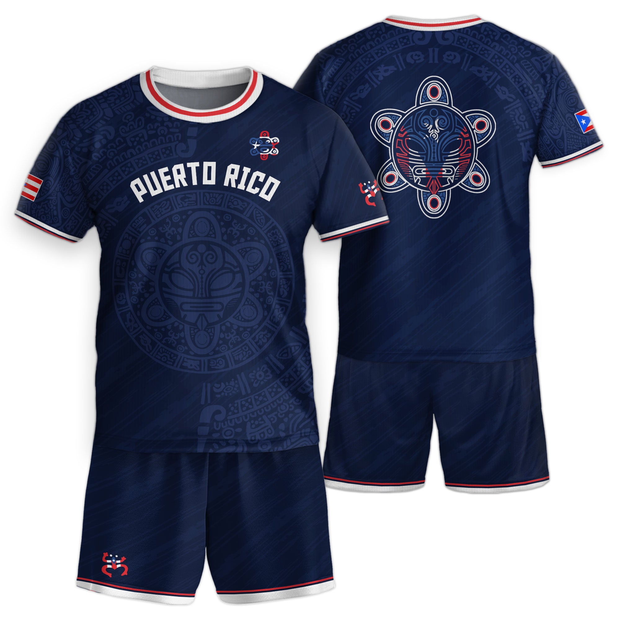 Puerto Rico Kids Youth Navy Red White Taino Sun National Heritage Boricua Soccer Jersey