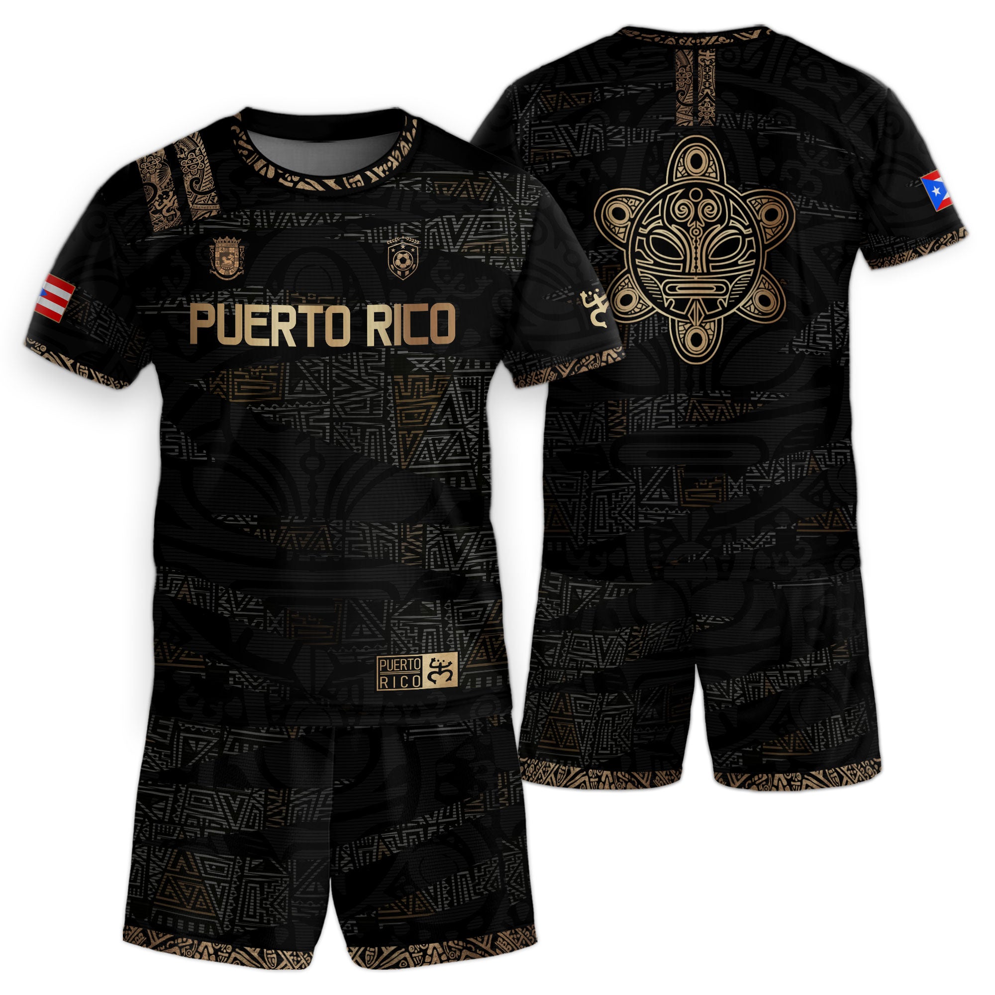 Puerto Rico Kids Youth Black Gold Taino Tribal Pattern National Heritage Soccer Jersey