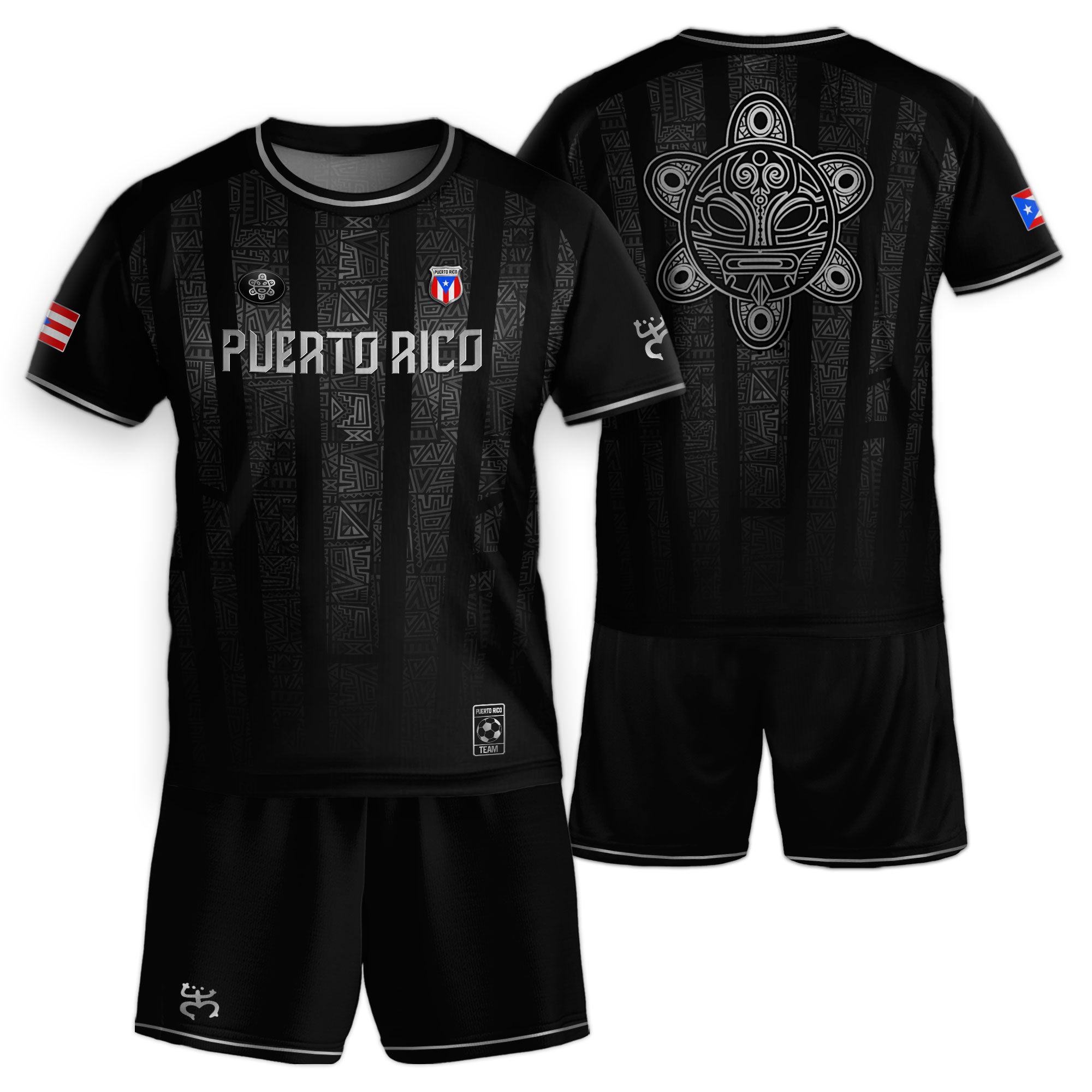 Puerto Rico Kids Youth Black Silver Taino Tribal Vertical Stripes Heritage Soccer Jersey