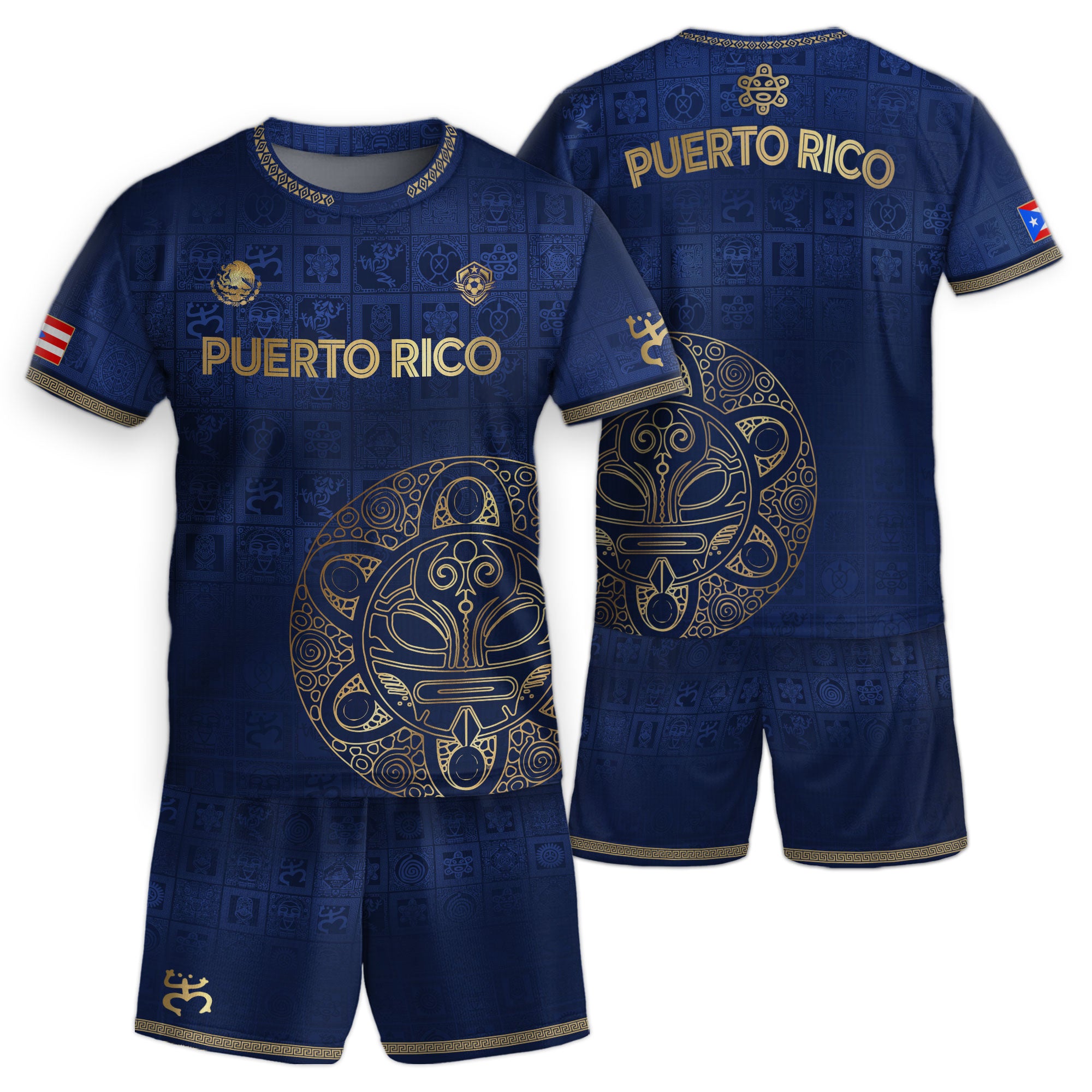 Puerto Rico Kids Youth Navy Gold Taino Symbols Grid National Heritage Soccer Jersey