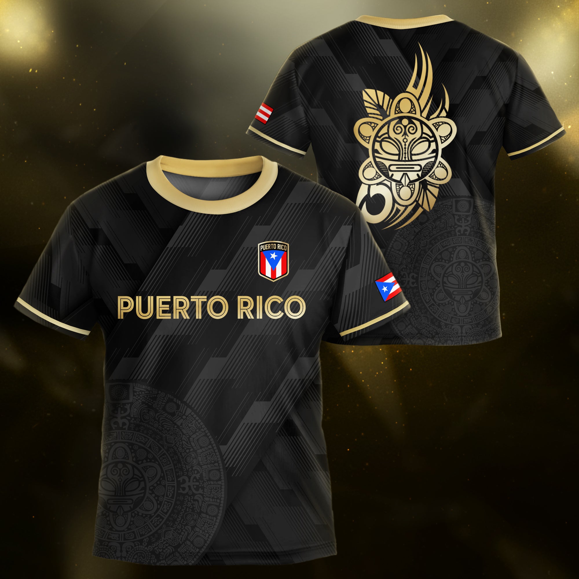 Puerto Rico Kids Youth Black Gold Modern Pattern Taino Sun Heritage Soccer Jersey