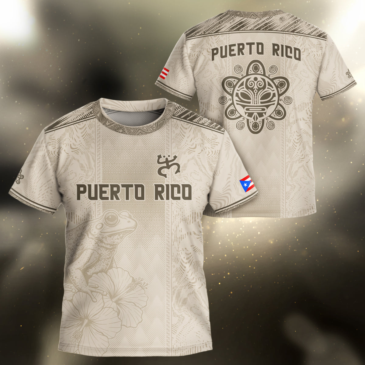 Puerto Rico Kids Youth Beige Gold Coqui Frog Floral Taino Sun Heritage Art Soccer Jersey