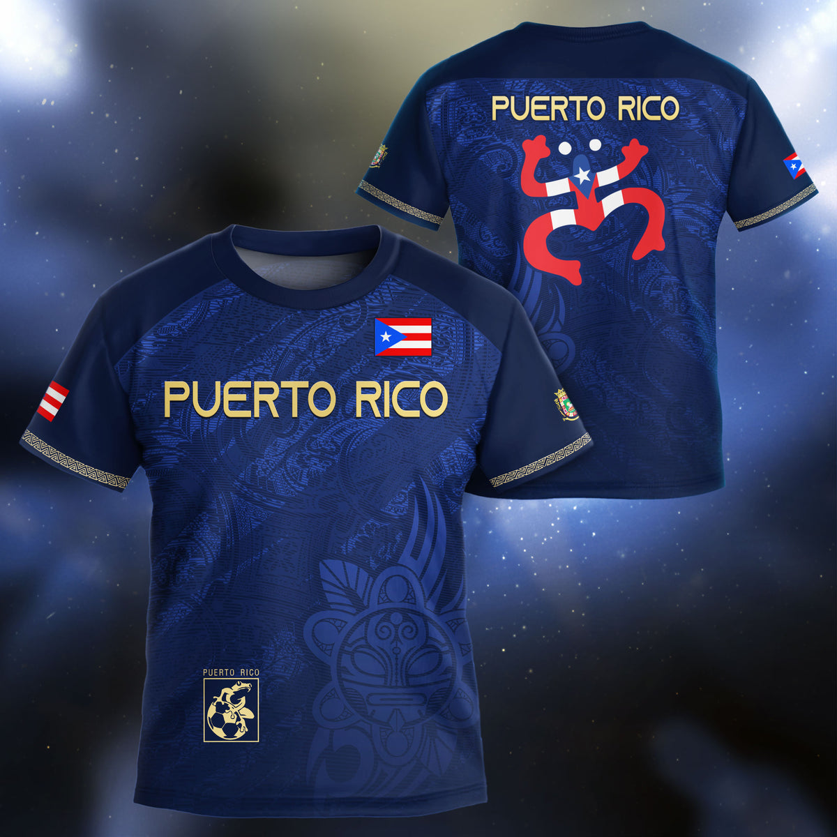 Puerto Rico Kids Youth Navy Gold Boricua Coqui Frog Tribal Taino Pride Soccer Jersey
