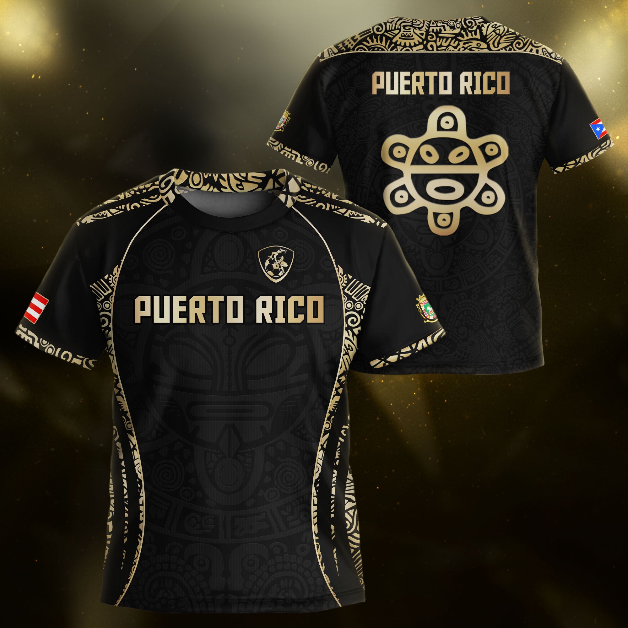 Puerto Rico Kids Youth Black Gold Boricua Taino Sun Mask Tribal Pride Soccer Jersey