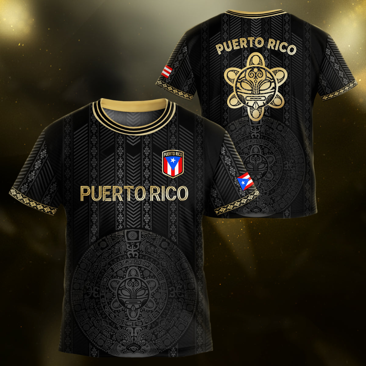 Puerto Rico Kids Youth Black Gold Tribal Stripe Taino Sun Heritage Soccer Jersey