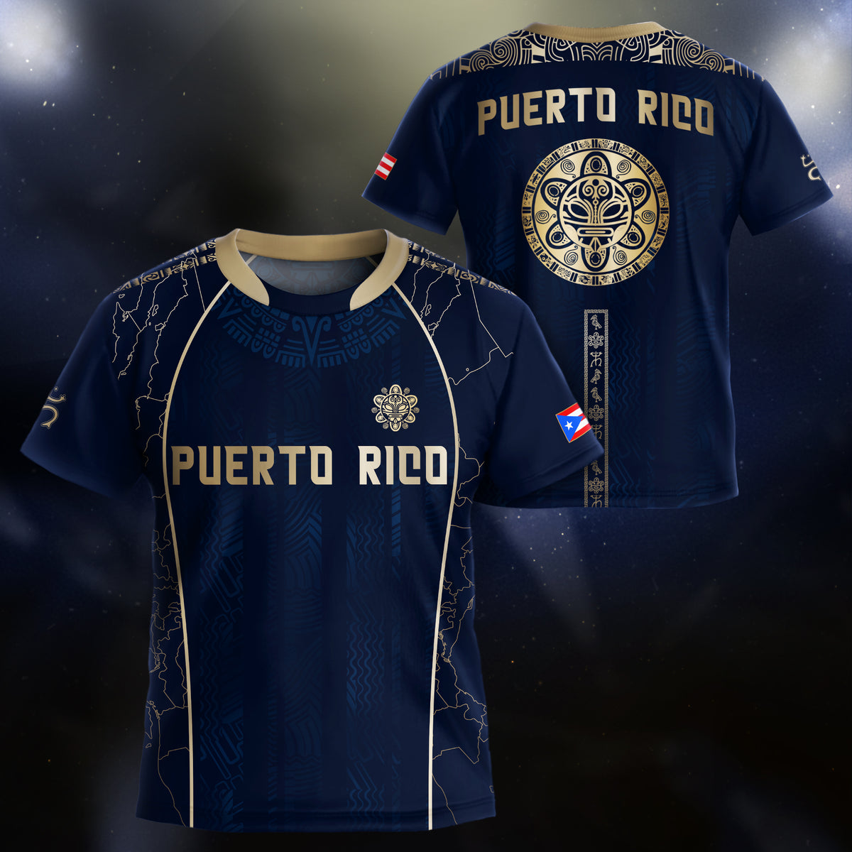 Puerto Rico Kids Youth Navy Gold Outline Map Taino Sun National Heritage Soccer Jersey