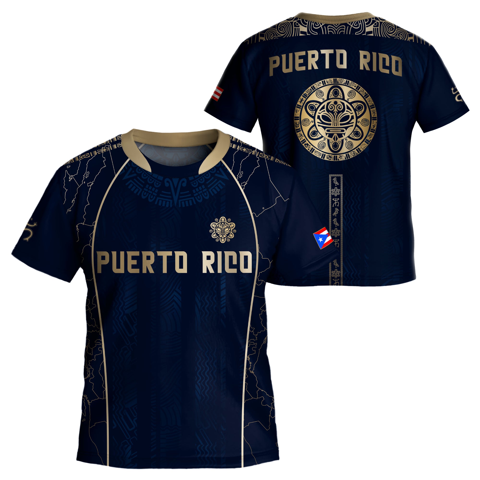 Puerto Rico Kids Youth Navy Gold Outline Map Taino Sun National Heritage Soccer Jersey