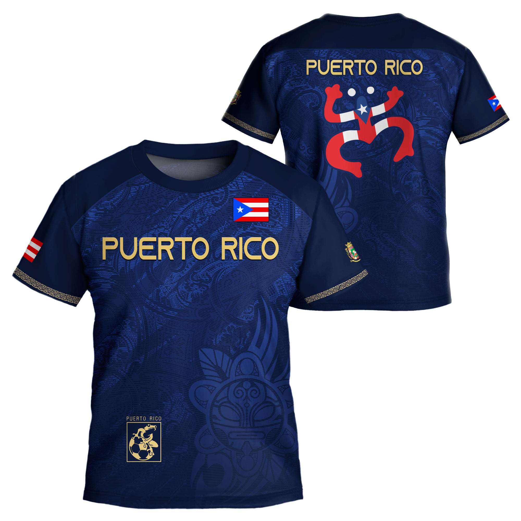 Camiseta de fútbol juvenil puertorriqueña para niños, color azul marino y dorado, con la bandera del orgullo taíno tribal de la rana coquí boricua