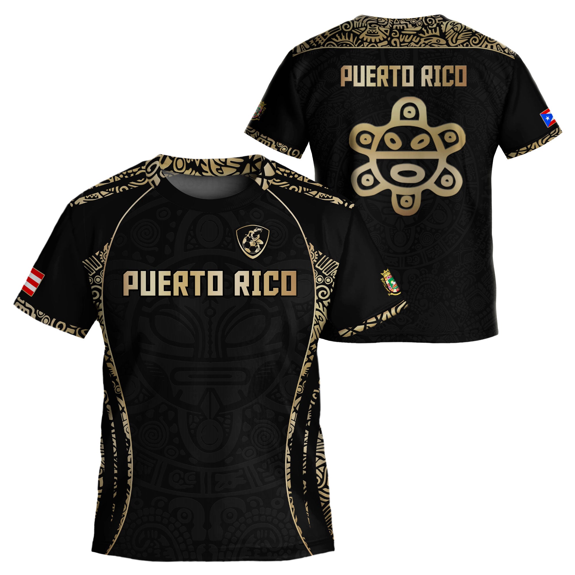 Puerto Rico Kids Youth Black Gold Boricua Taino Sun Mask Tribal Pride Soccer Jersey