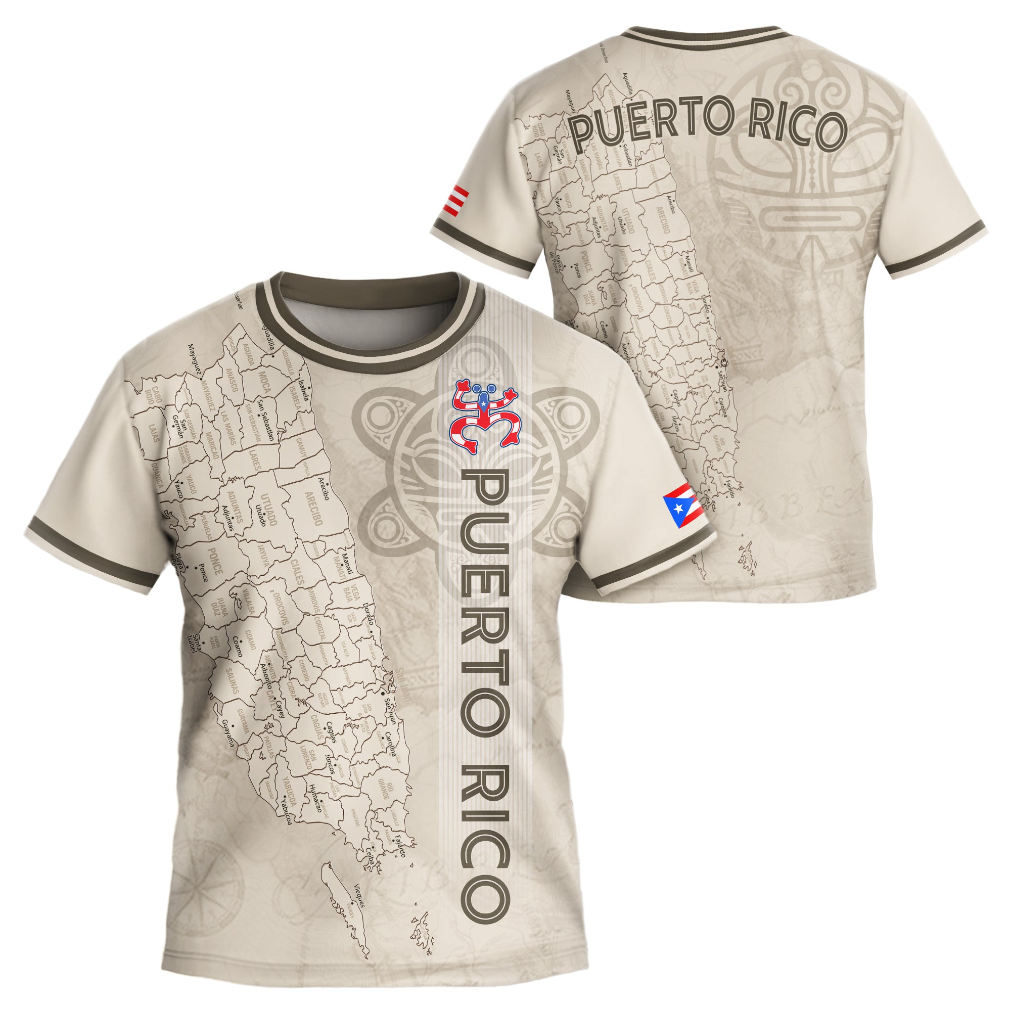 Camiseta de fútbol juvenil beige con el mapa dorado de la herencia nacional Taino Coqui de Puerto Rico para niños