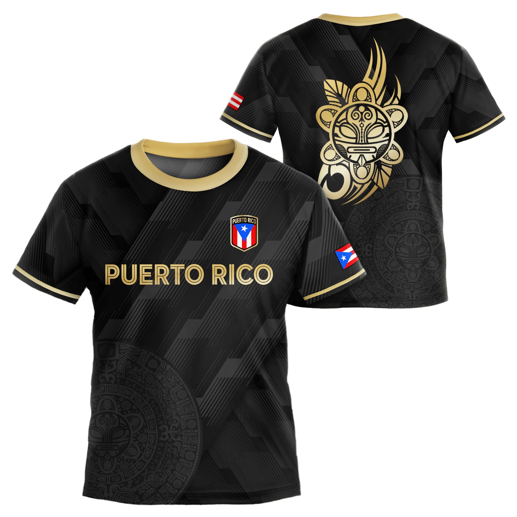 Puerto Rico Kids Youth Black Gold Modern Pattern Taino Sun Heritage Soccer Jersey