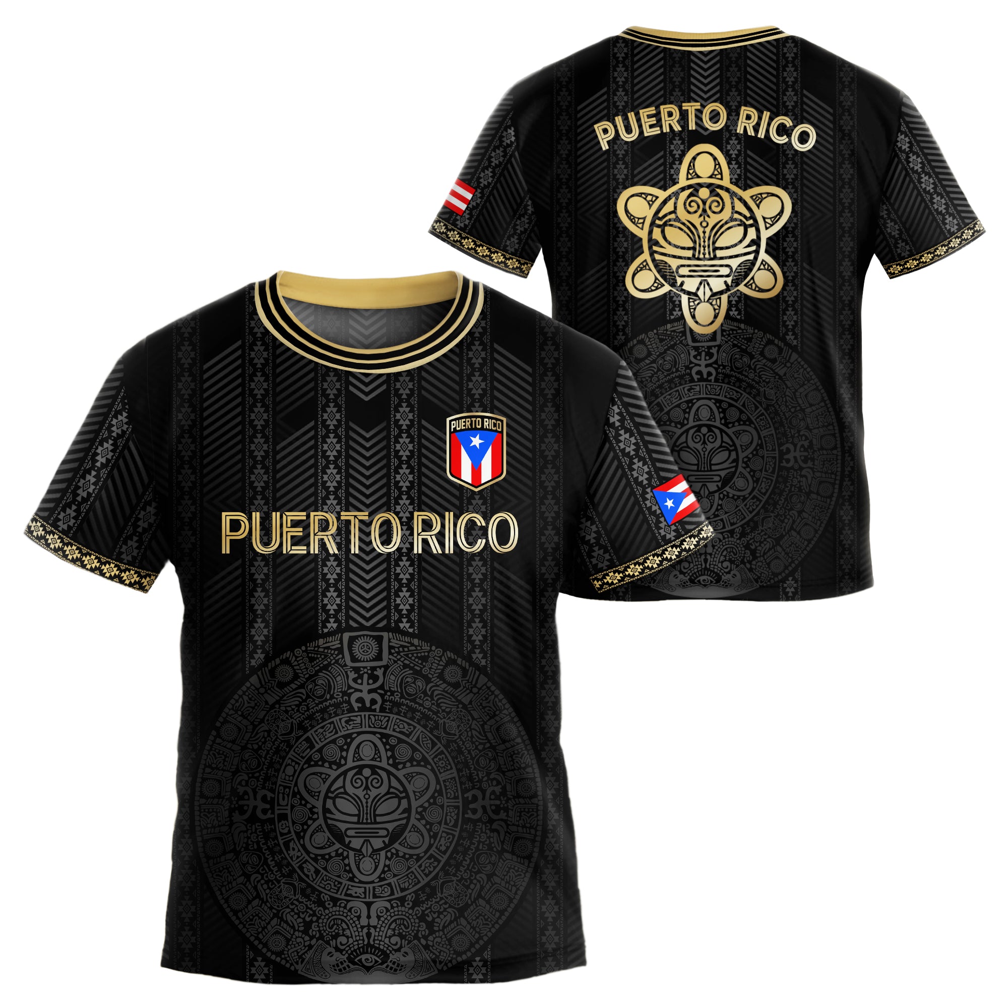 Puerto Rico Kids Youth Black Gold Tribal Stripe Taino Sun Heritage Soccer Jersey