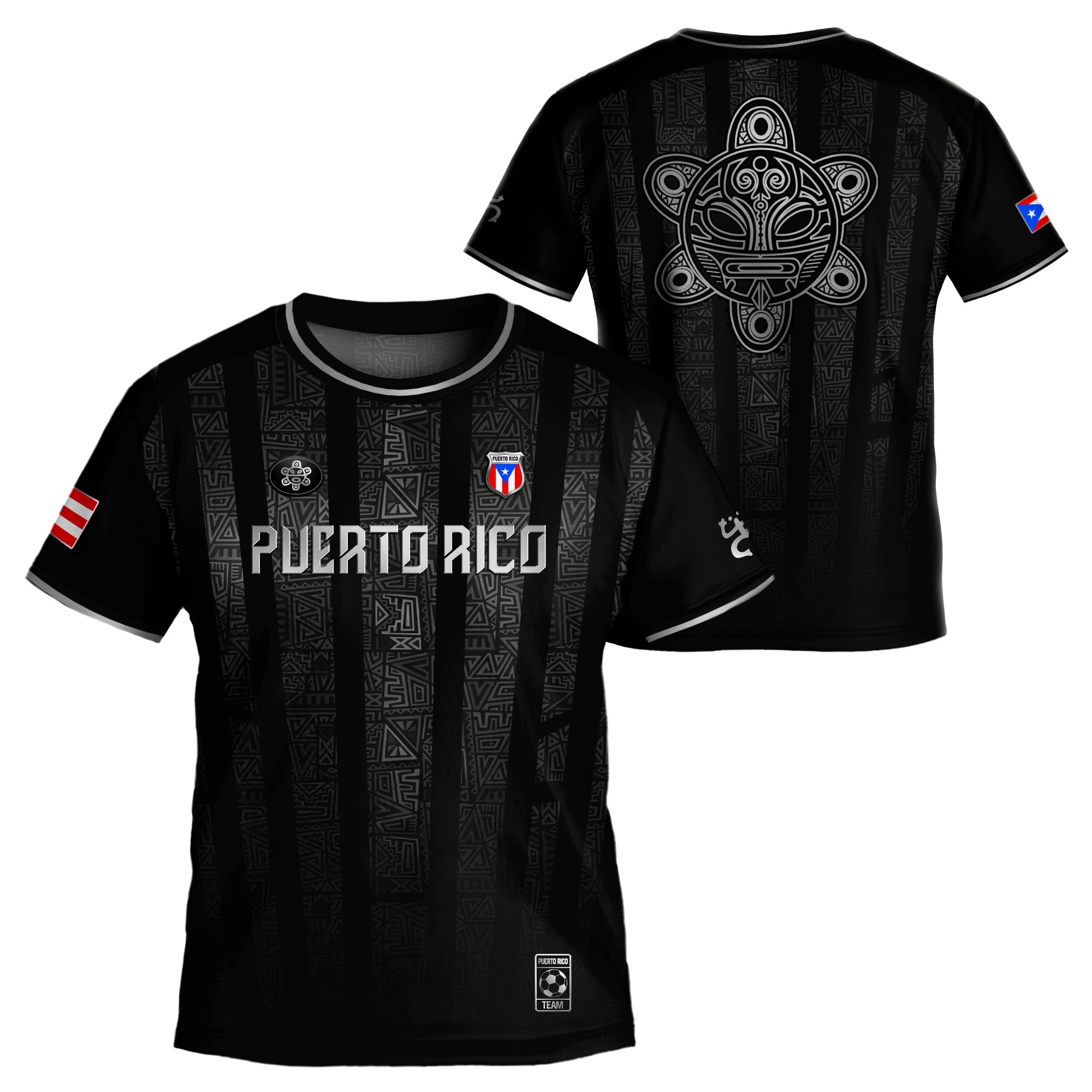 Puerto Rico Kids Youth Black Silver Taino Tribal Vertical Stripes Heritage Soccer Jersey