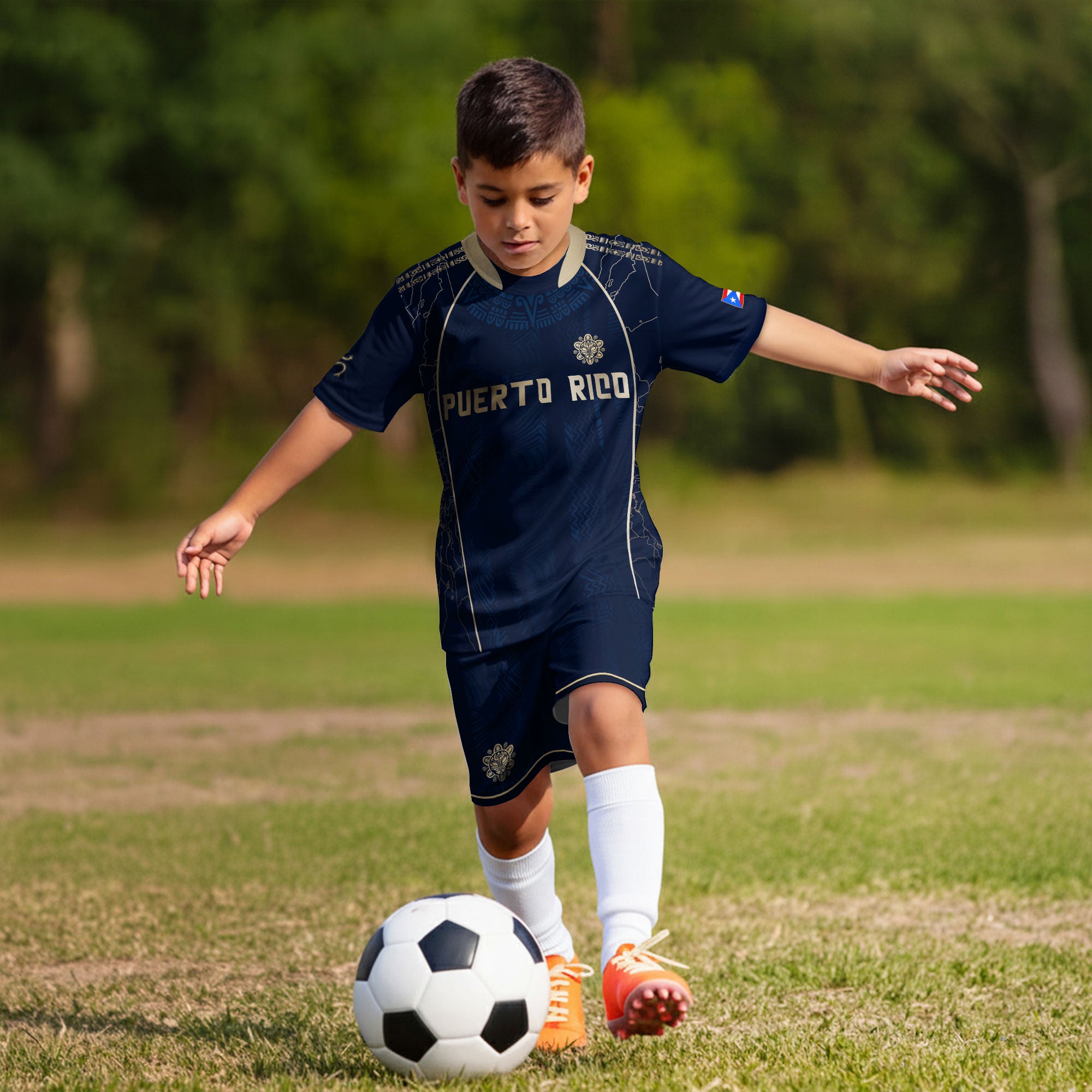 Puerto Rico Kids Youth Navy Gold Outline Map Taino Sun National Heritage Soccer Jersey