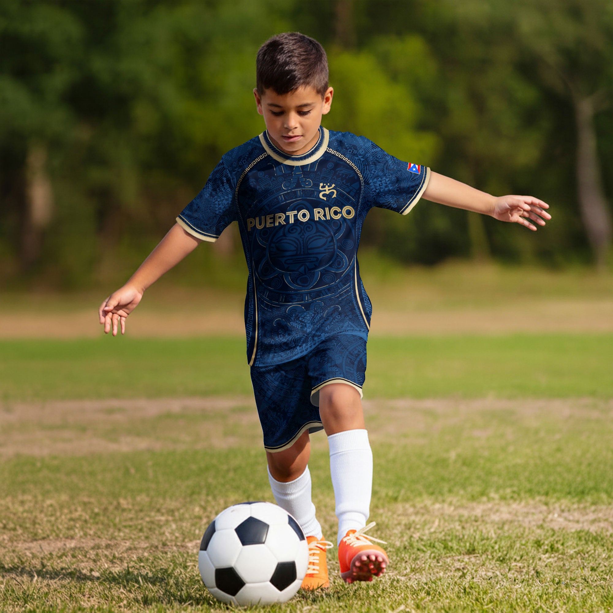 Puerto Rico Kids Youth Blue Gold Taino Sun Heritage Boricua Pride National Soccer Jersey