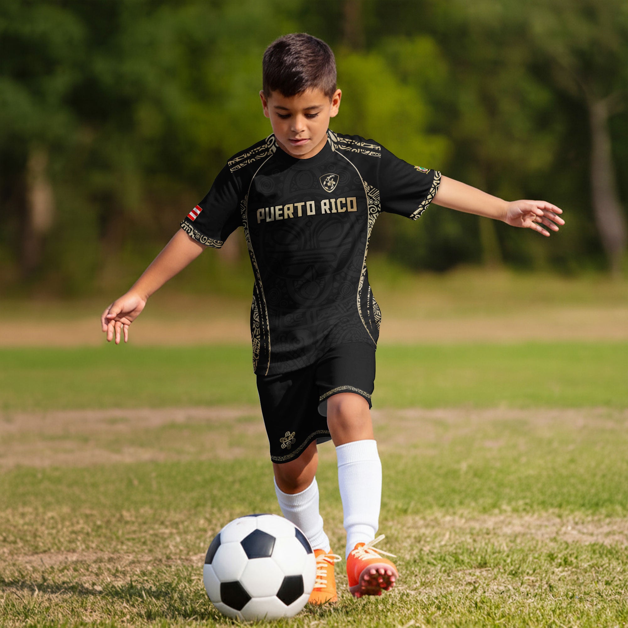Puerto Rico Kids Youth Black Gold Boricua Taino Sun Mask Tribal Pride Soccer Jersey