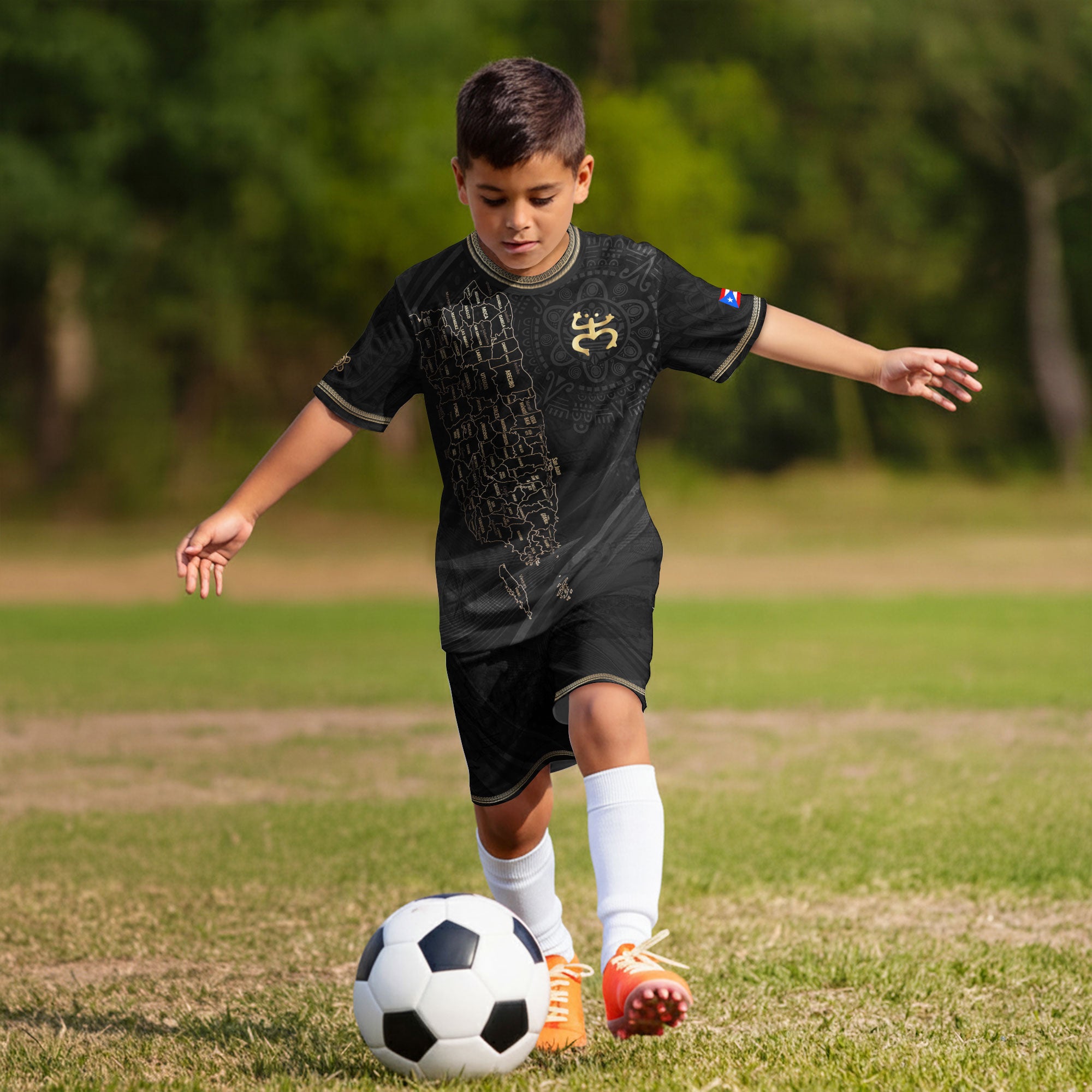 Puerto Rico Kids Youth Black Gold Map Taino Coqui National Heritage Soccer Jersey