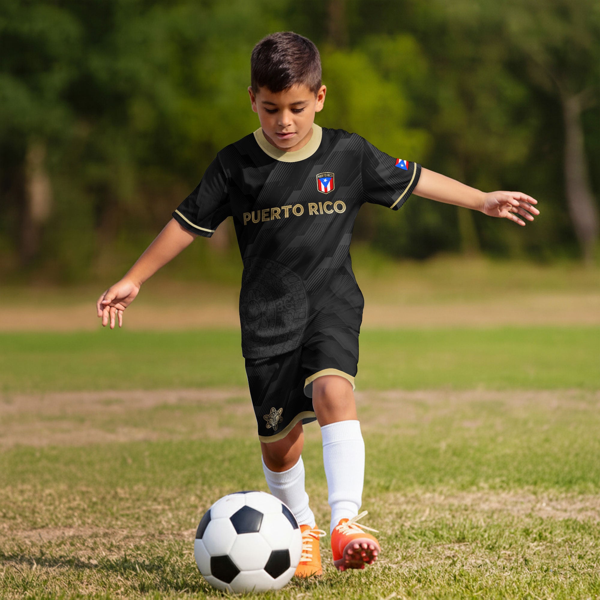 Puerto Rico Kids Youth Black Gold Modern Pattern Taino Sun Heritage Soccer Jersey
