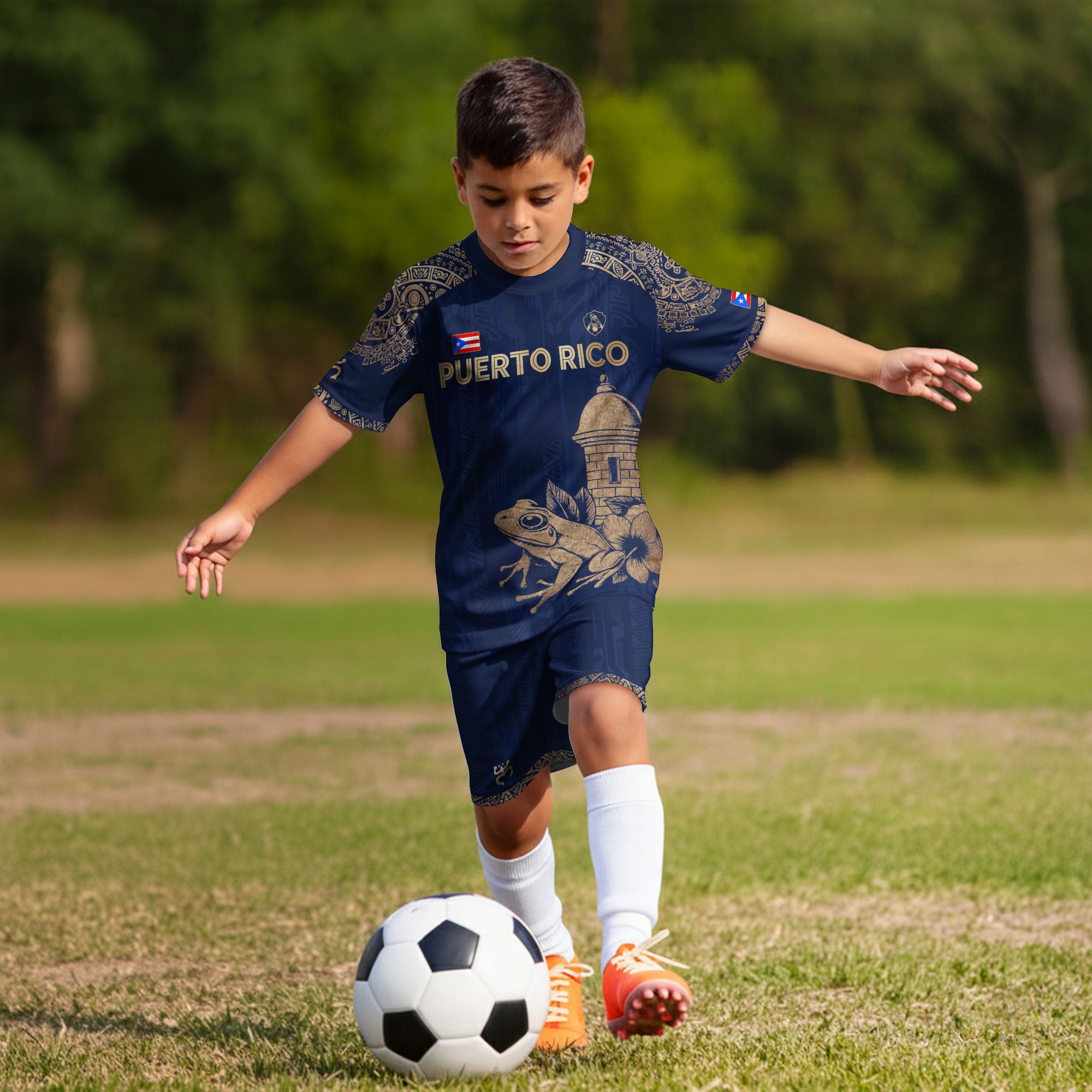 Puerto Rico Kids Youth Navy Gold Coqui Frog Garita Taino Sun Heritage Soccer Jersey