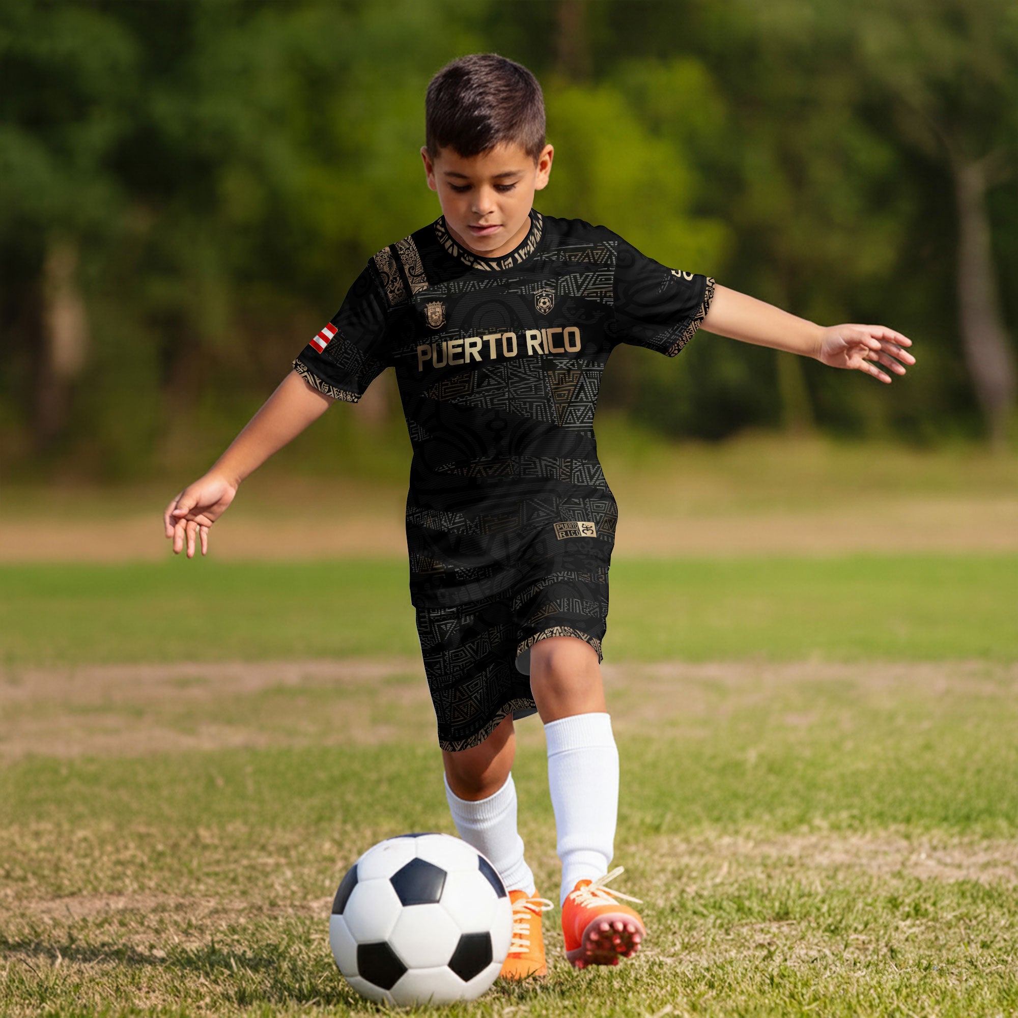 Puerto Rico Kids Youth Black Gold Taino Tribal Pattern National Heritage Soccer Jersey