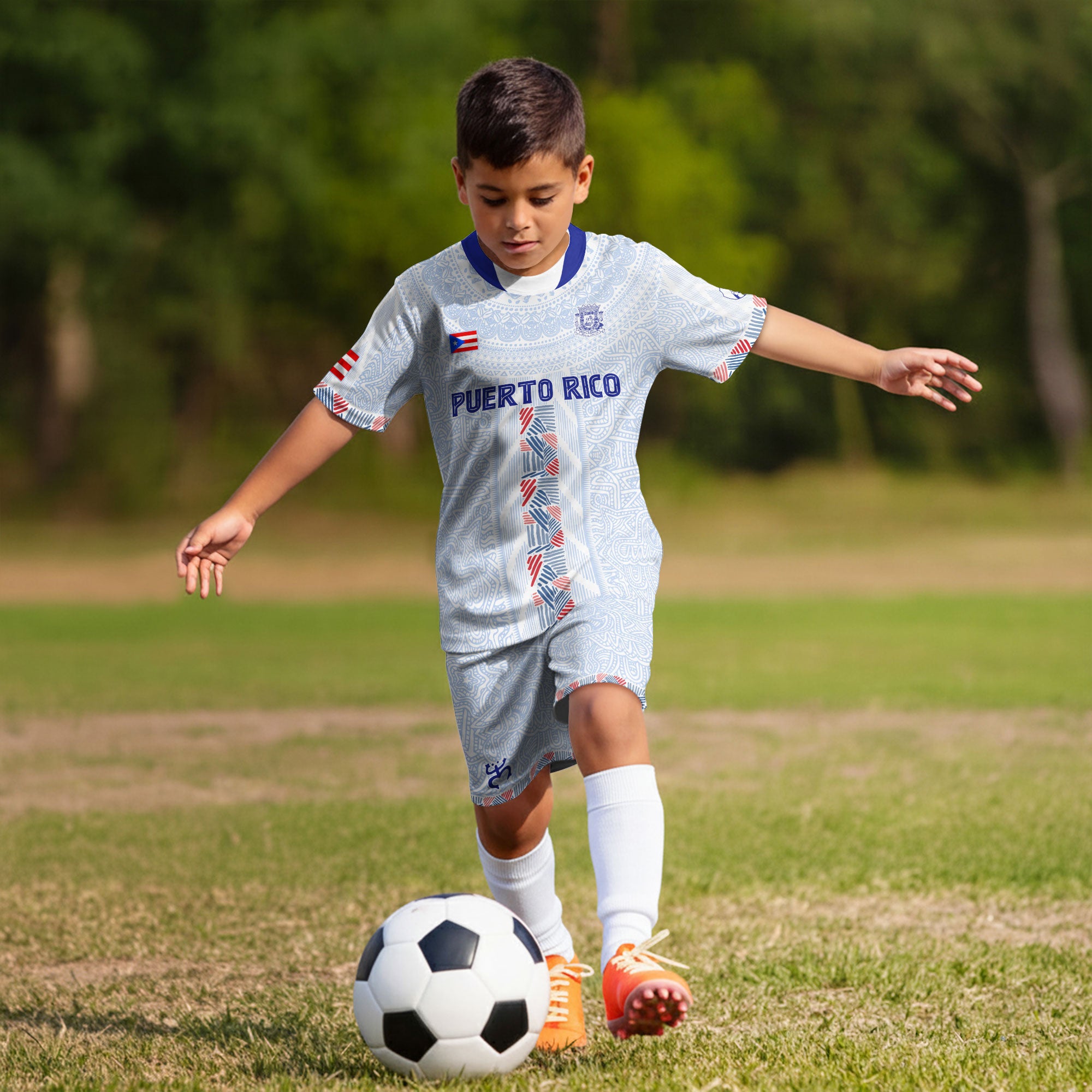 Puerto Rico Kids Youth White Blue Taino Sun National Heritage Boricua Soccer Jersey