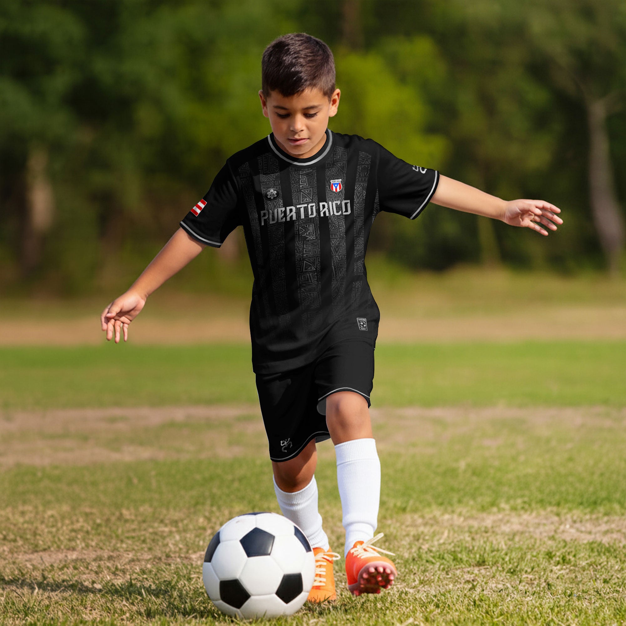 Puerto Rico Kids Youth Black Silver Taino Tribal Vertical Stripes Heritage Soccer Jersey