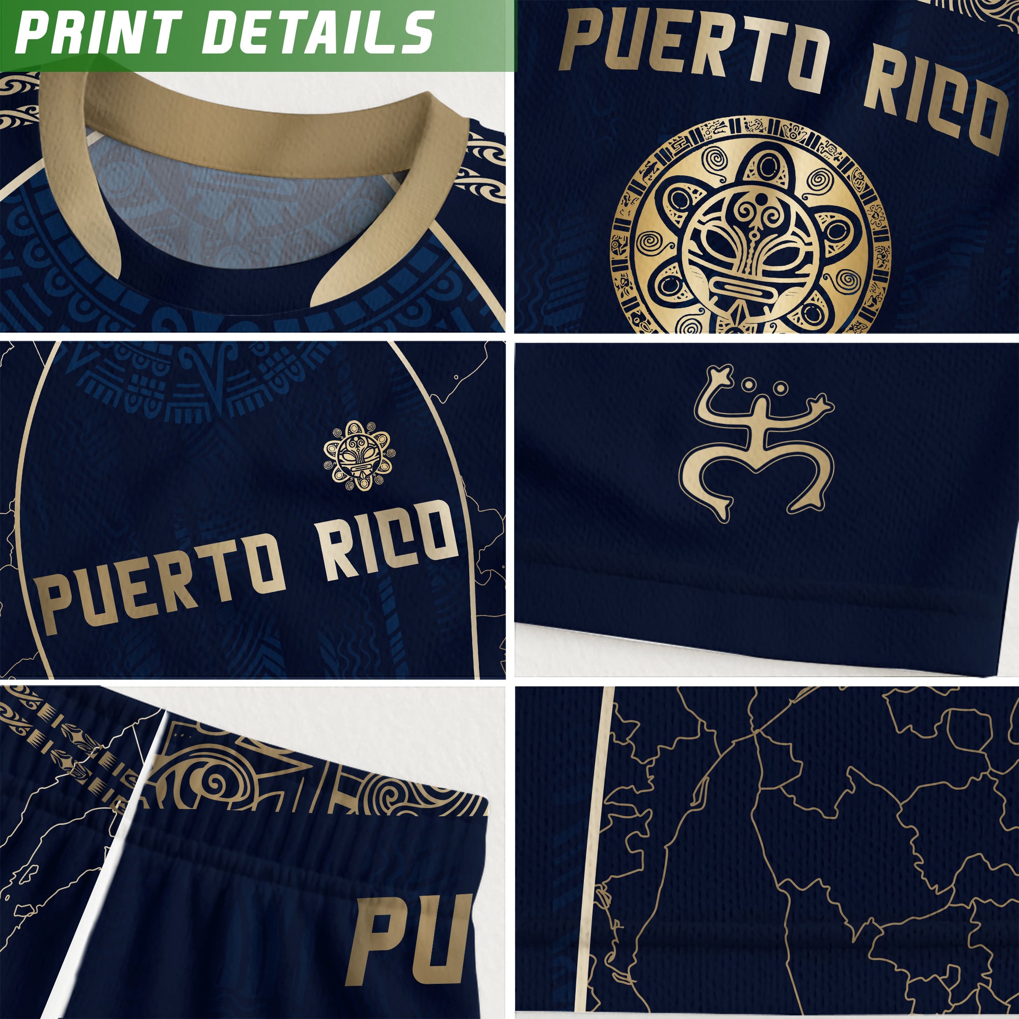 Puerto Rico Kids Youth Navy Gold Outline Map Taino Sun National Heritage Soccer Jersey