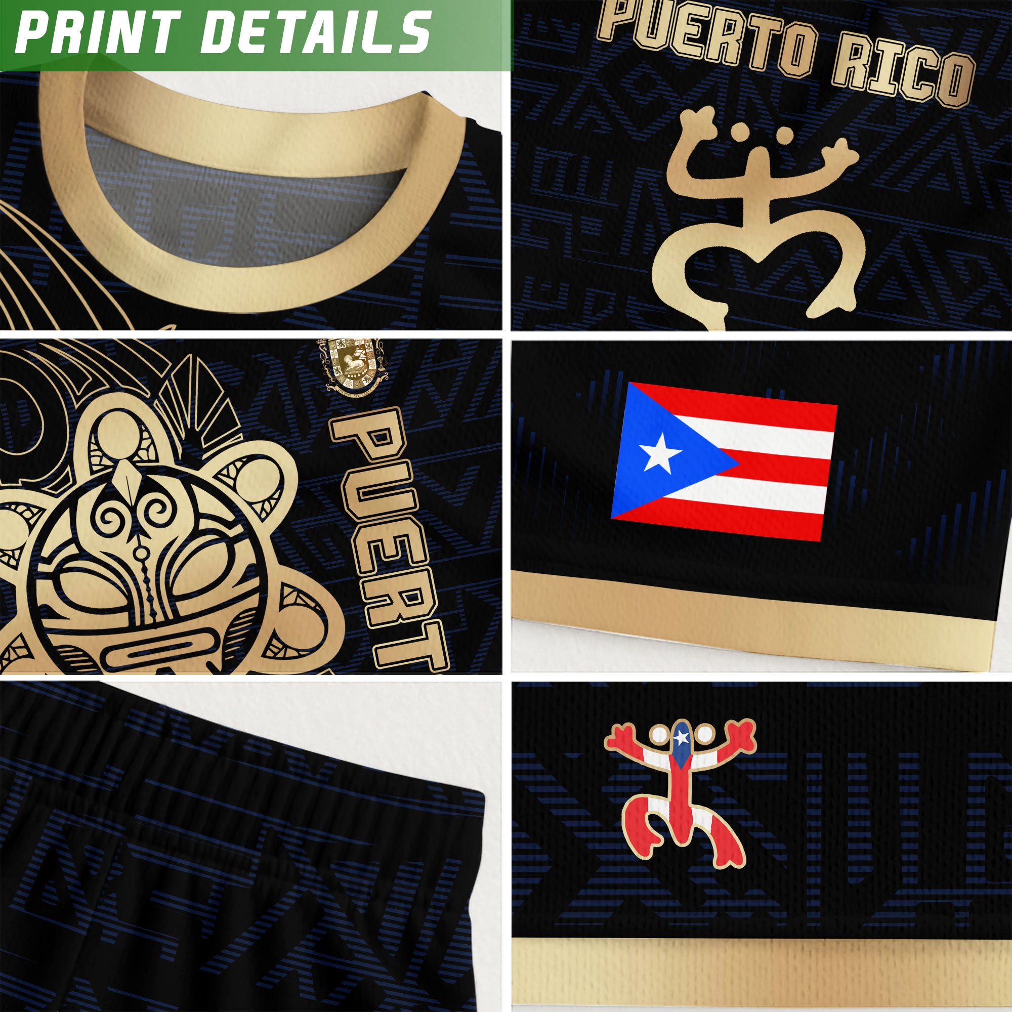 Puerto Rico Kids Youth Black Navy Gold Taino Sun God Tribal Heritage Soccer Jersey
