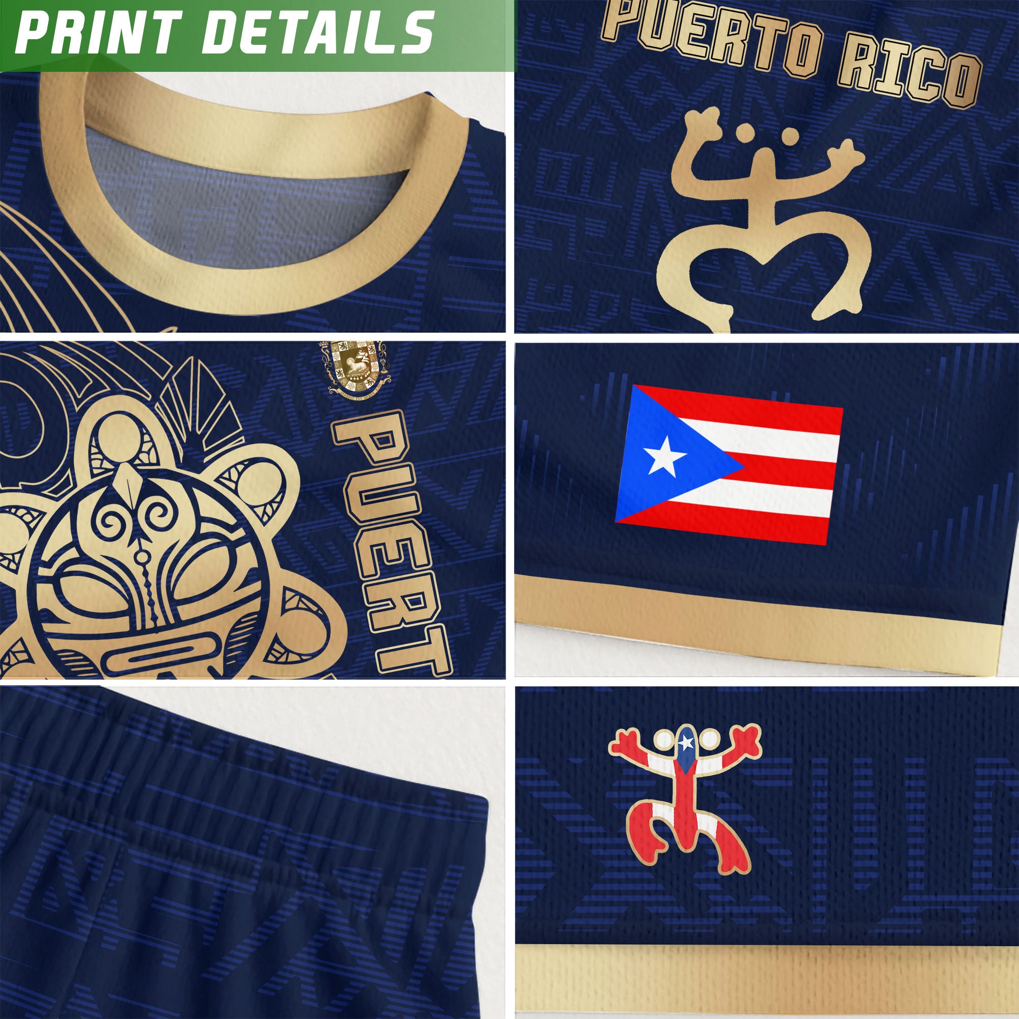 Camiseta de fútbol juvenil de Puerto Rico para niños, color dorado, azul marino, dios del sol taíno, herencia nacional boricua antigua