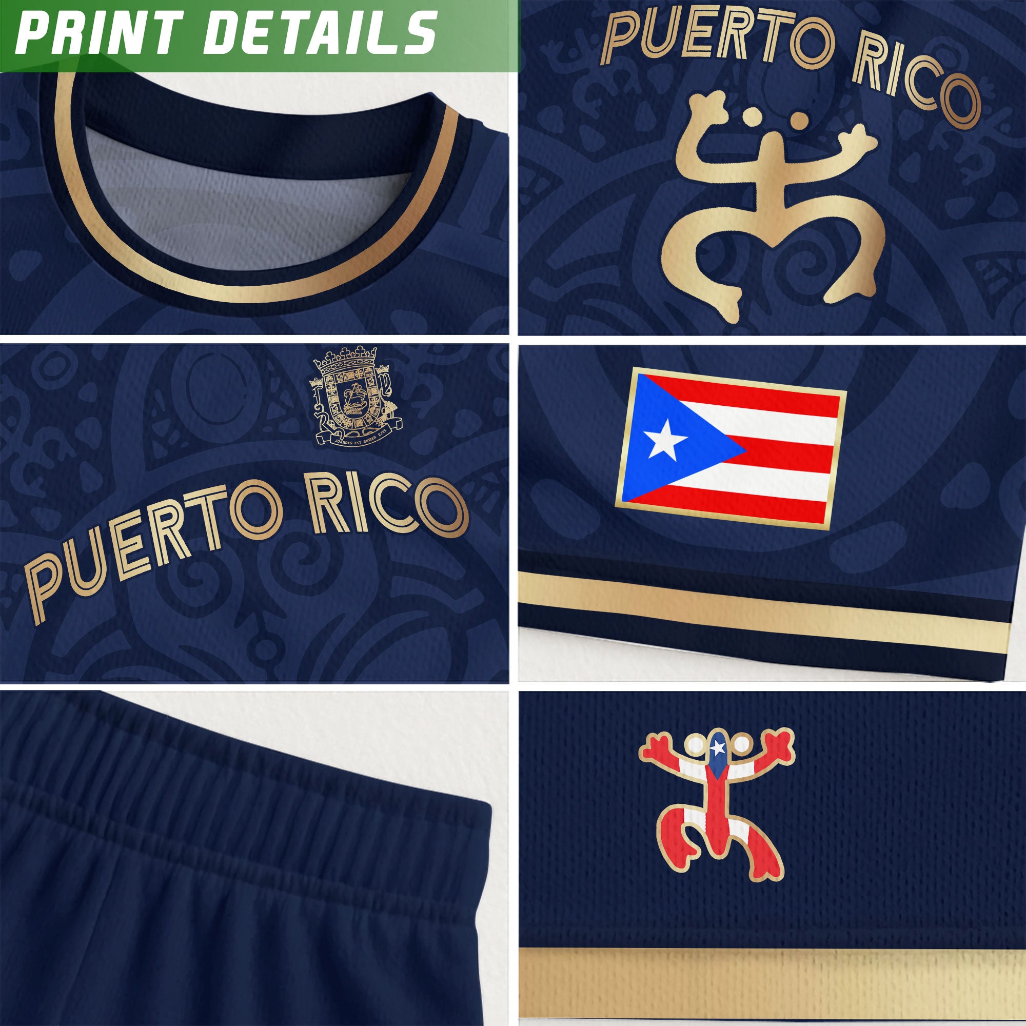 Camiseta de fútbol patriótica tribal boricua sol taíno coquí de Puerto Rico para niños y jóvenes, color dorado y azul marino