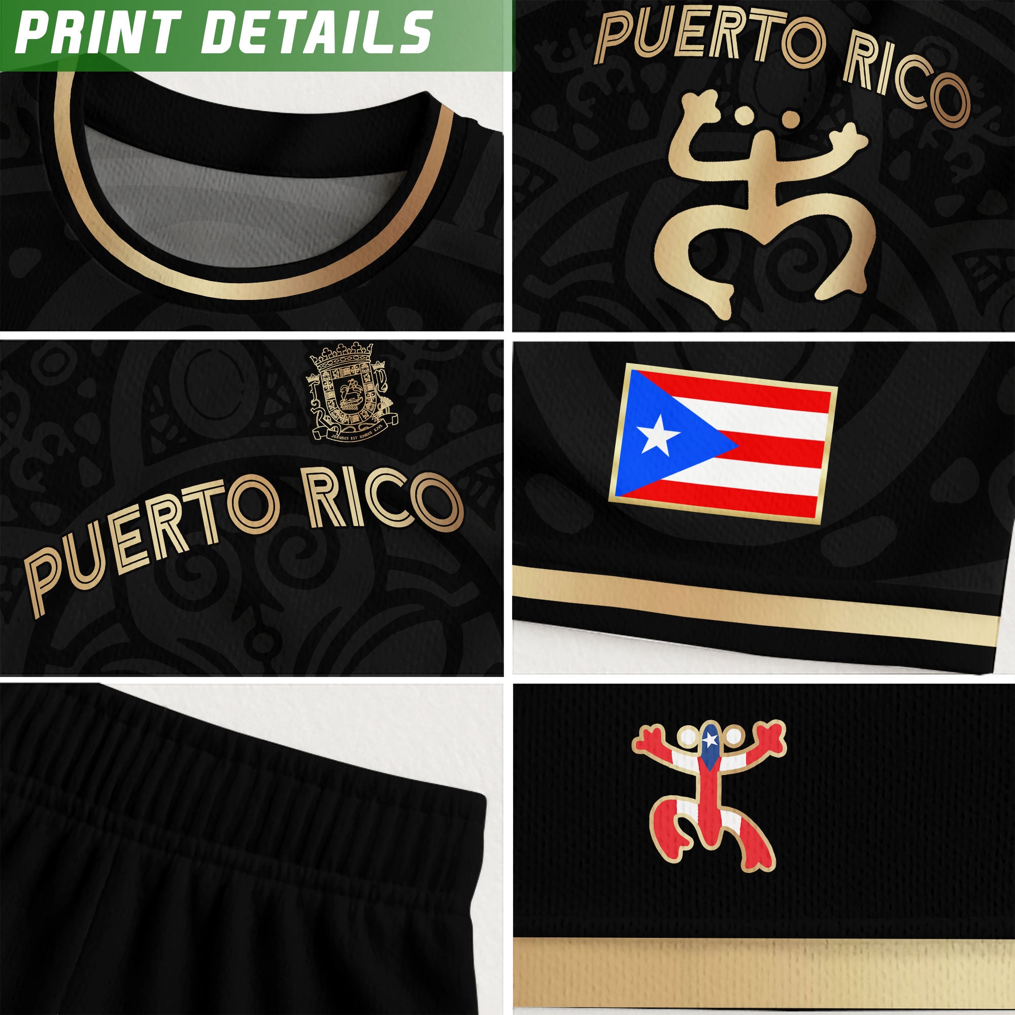Puerto Rico Kids Youth Black Gold Boricua Taino Mask Coqui Frog Tribal Soccer Jersey