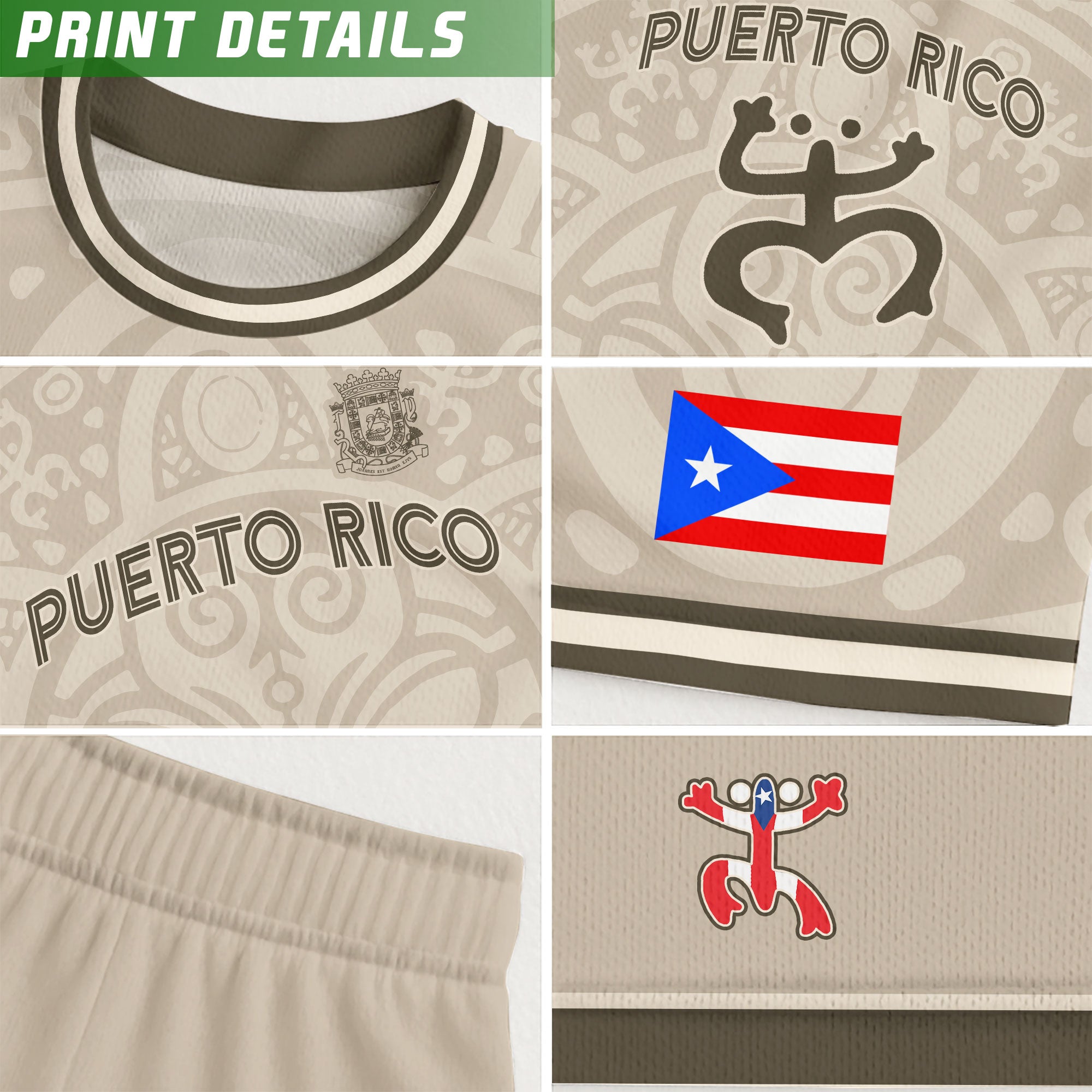 Puerto Rico Kids Youth Beige Gold Boricua Taino Mask Coqui Frog Tribal Soccer Jersey