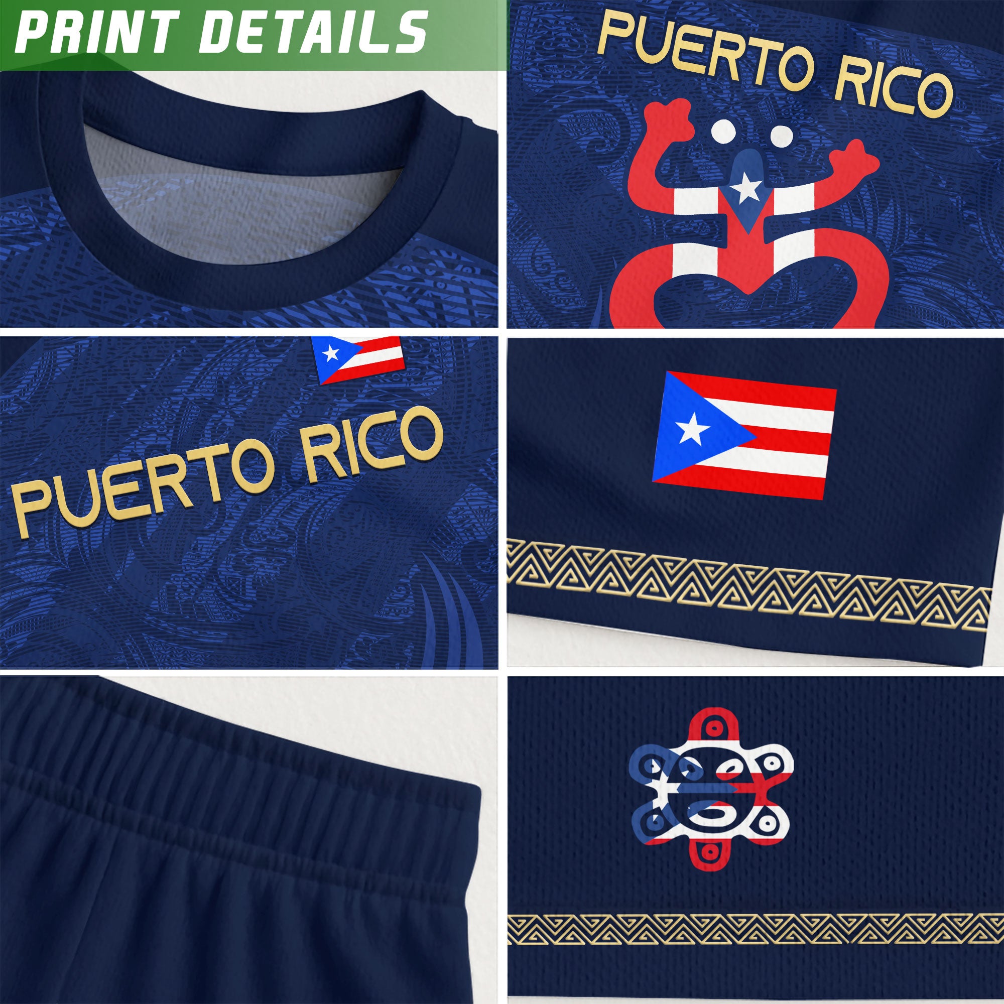 Camiseta de fútbol juvenil puertorriqueña para niños, color azul marino y dorado, con la bandera del orgullo taíno tribal de la rana coquí boricua