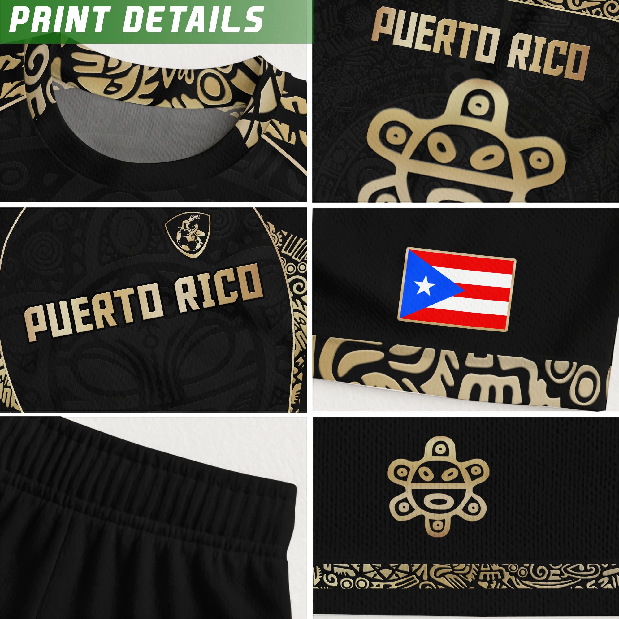Puerto Rico Kids Youth Black Gold Boricua Taino Sun Mask Tribal Pride Soccer Jersey