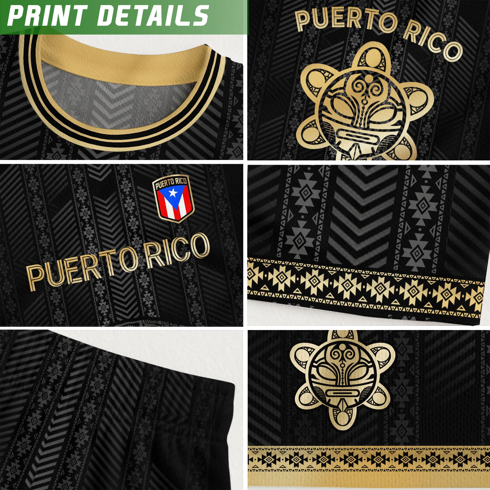 Puerto Rico Kids Youth Black Gold Tribal Stripe Taino Sun Heritage Soccer Jersey