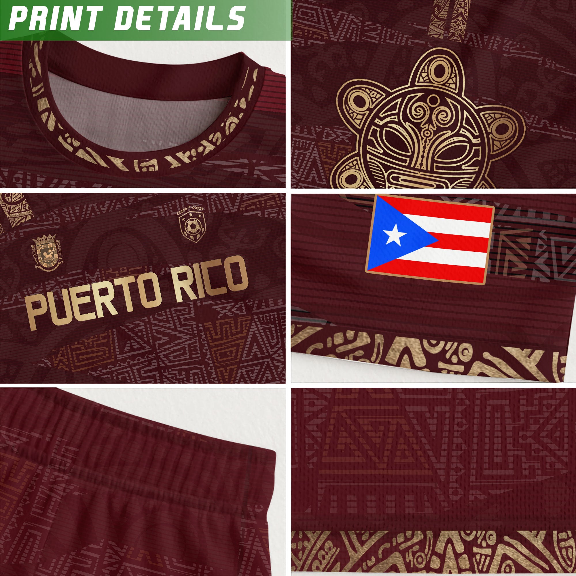 Camiseta de fútbol boricua de herencia nacional con diseño tribal taíno dorado granate para niños y jóvenes de Puerto Rico