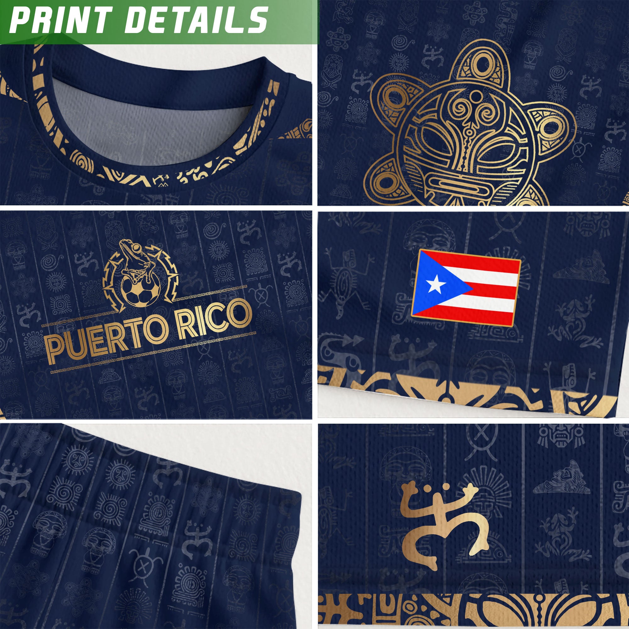 Camiseta de fútbol juvenil de Puerto Rico para niños, color azul marino dorado, con el Sol Taino, herencia nacional, arte boricua