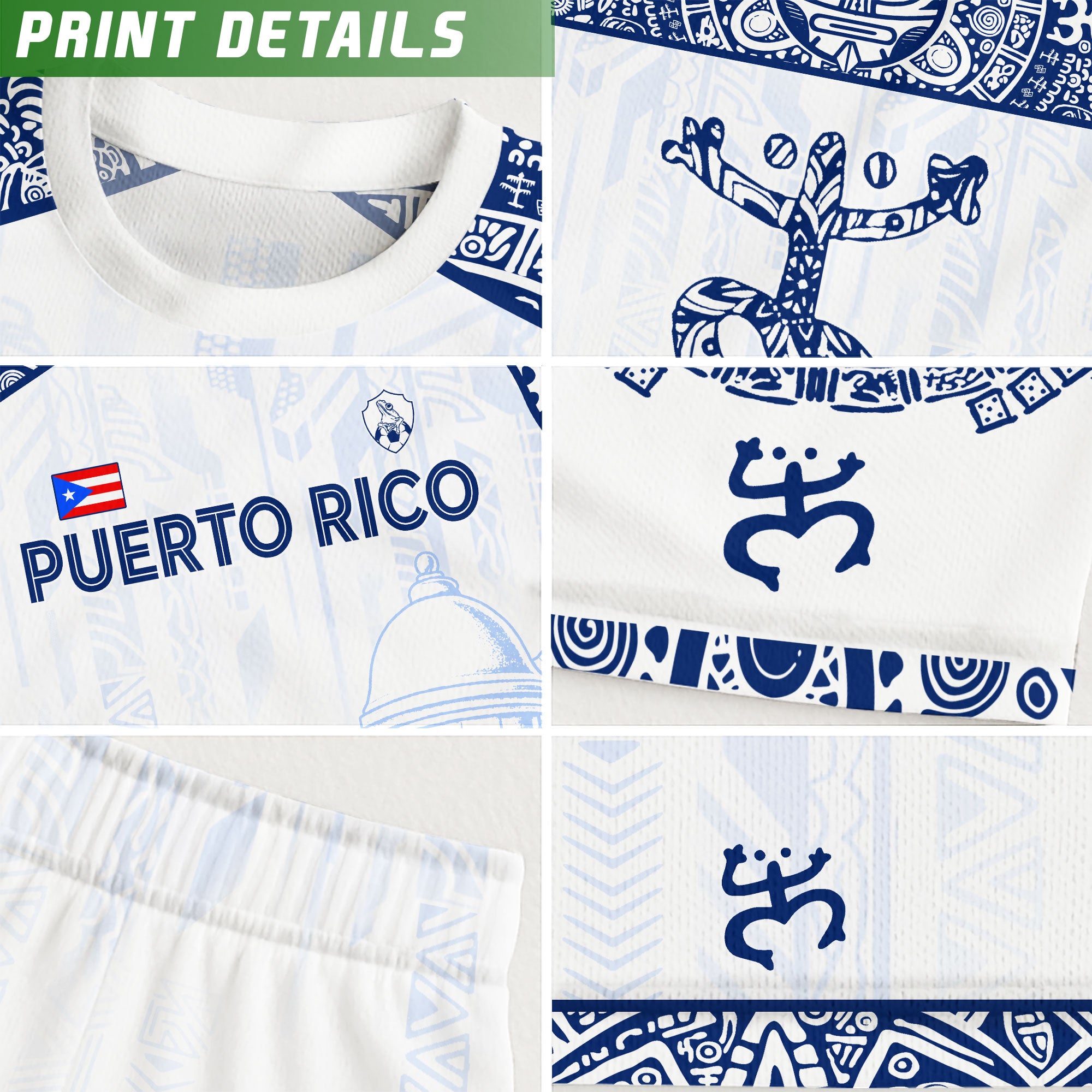 Puerto Rico Niños Jóvenes Blanco Azul Coqui Rana Garita Floral Taino Sun Island Heritage Soccer Jersey