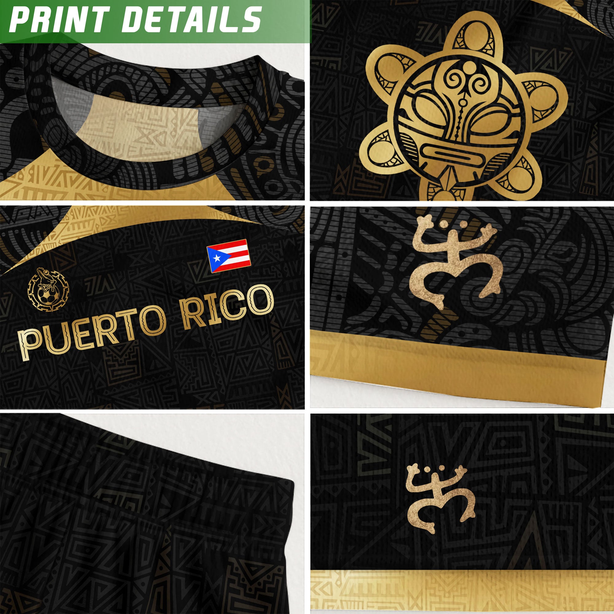 Puerto Rico Kids Youth Black Gold Tribal Graphic Taino Sun National Heritage Soccer Jersey