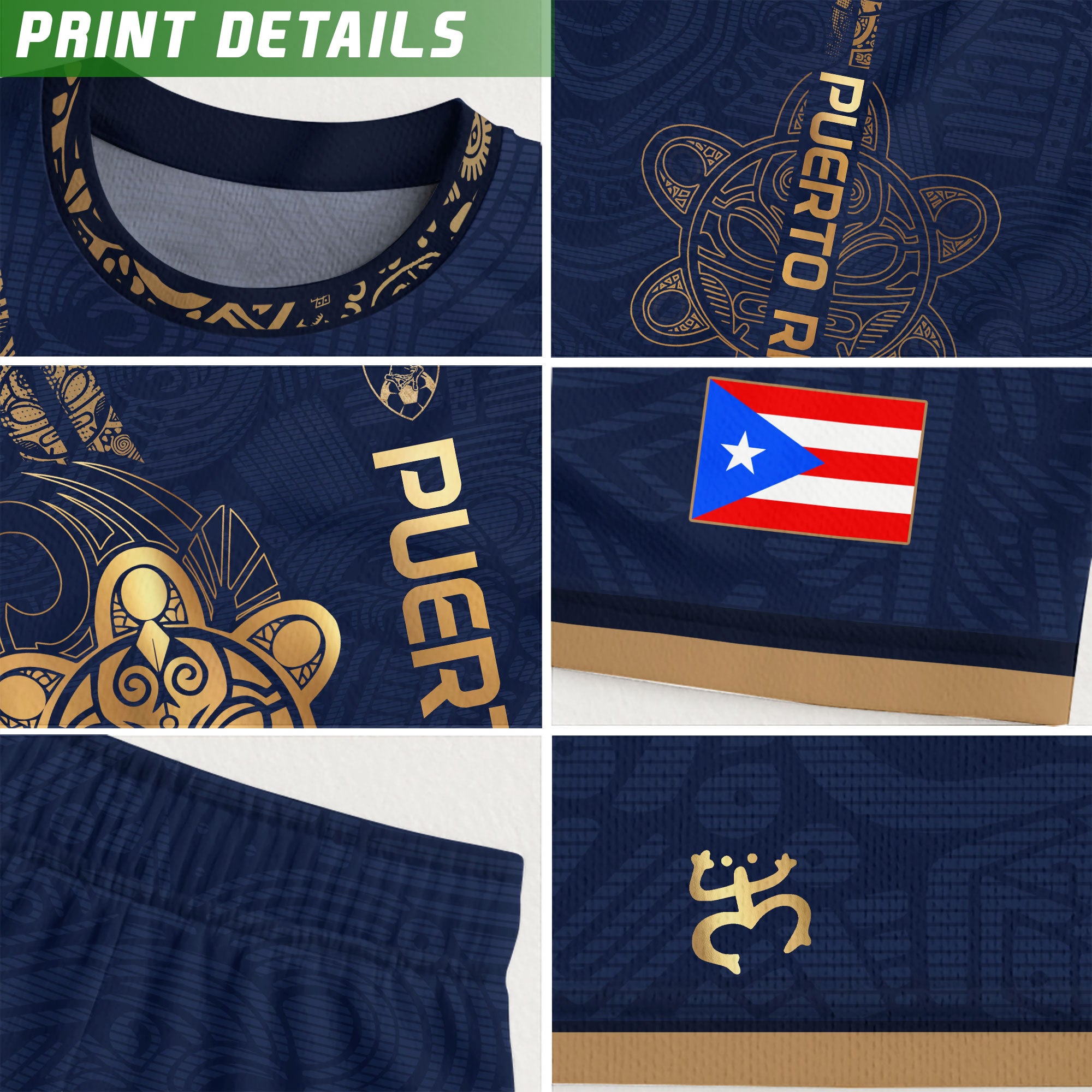 Camiseta de fútbol boricua de herencia nacional con texto vertical del Sol Taino dorado azul marino para niños y jóvenes de Puerto Rico