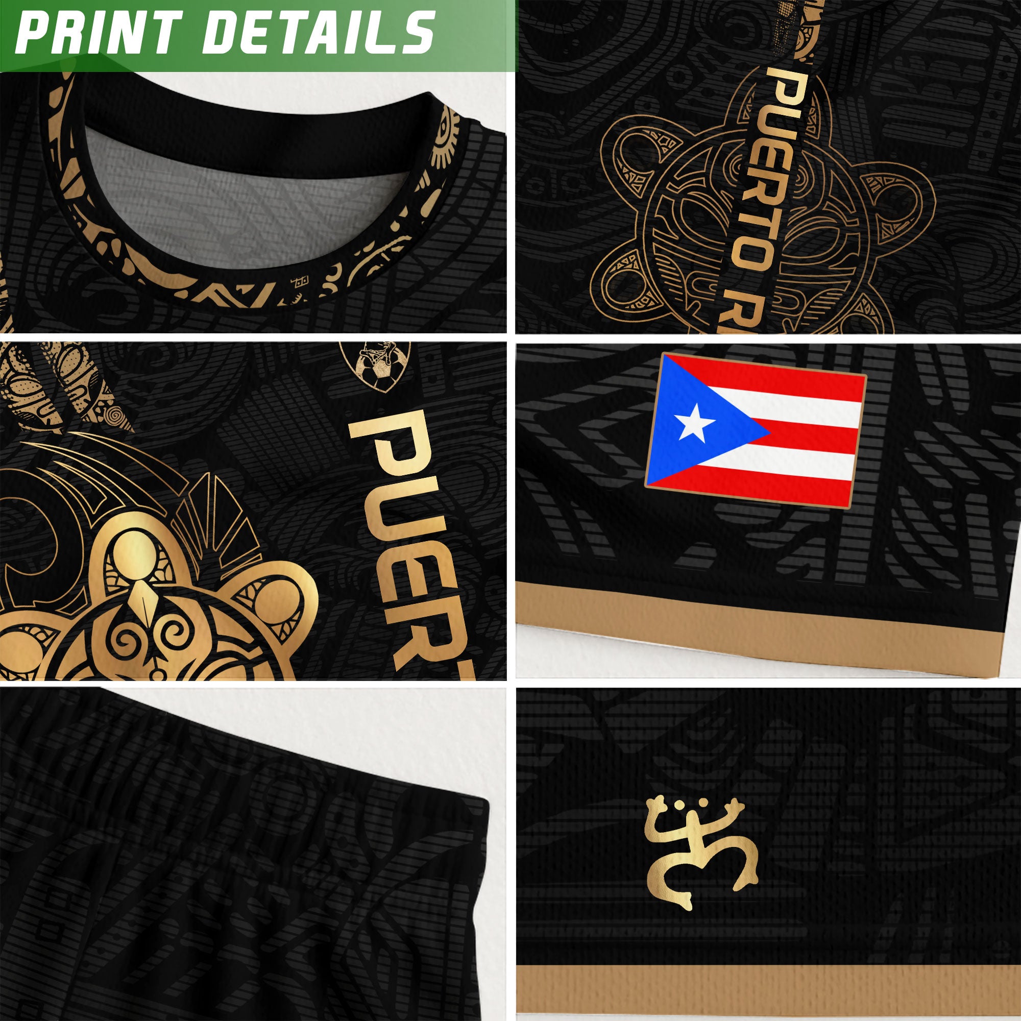 Camiseta de fútbol juvenil negra dorada del Sol Taino de Puerto Rico para niños y jóvenes, herencia nacional, orgullo boricua