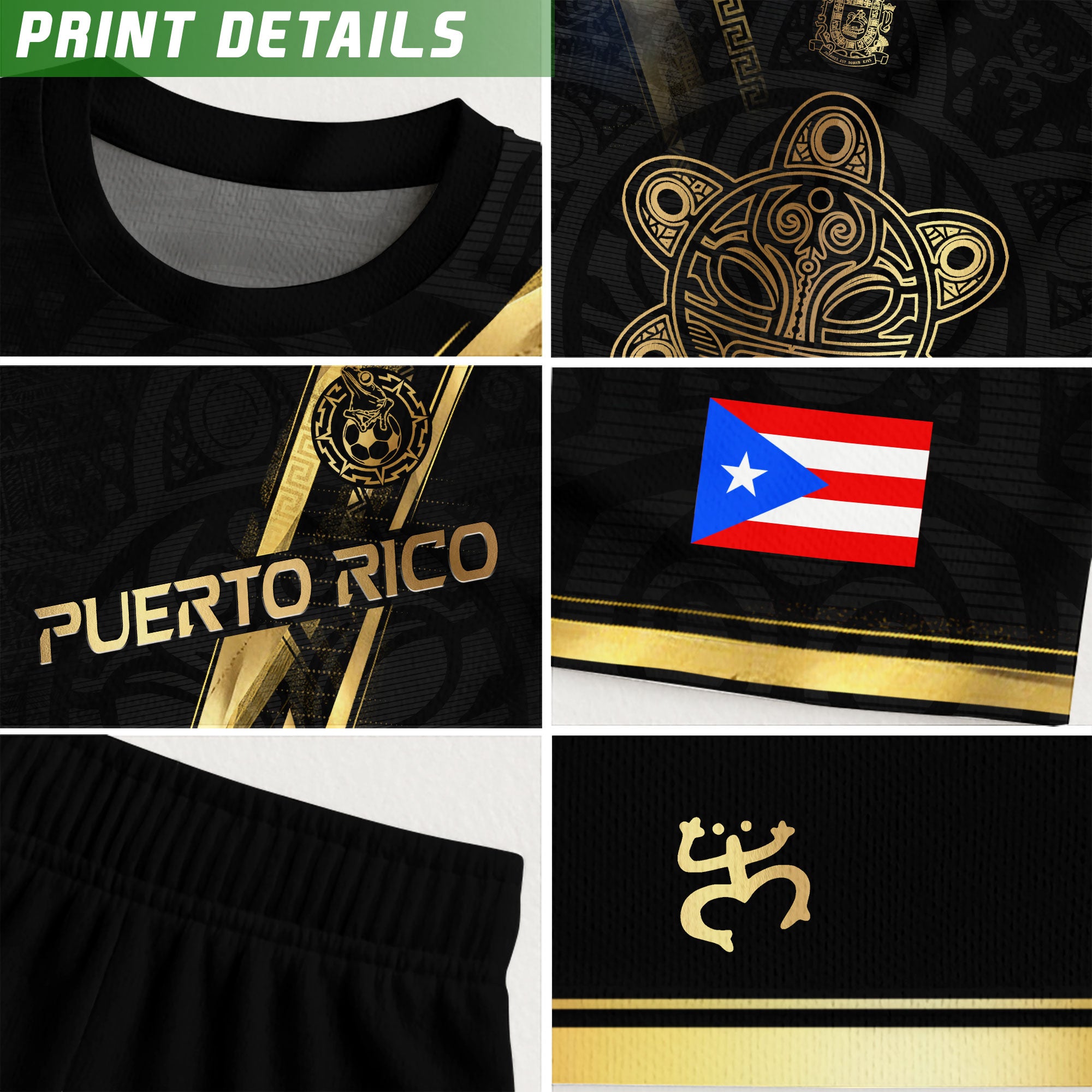 Puerto Rico Kids Youth Black Gold Lightning Graphic Taino Sun National Heritage Soccer Jersey