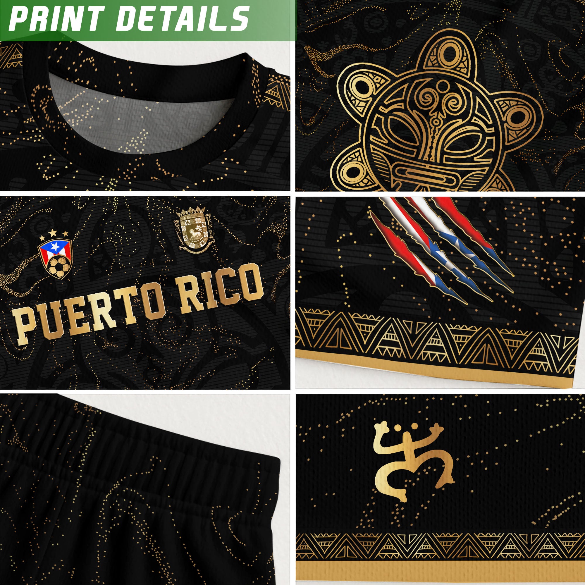 Puerto Rico Kids Youth Black Gold Abstract Taino Sun National Heritage Boricua Soccer Jersey
