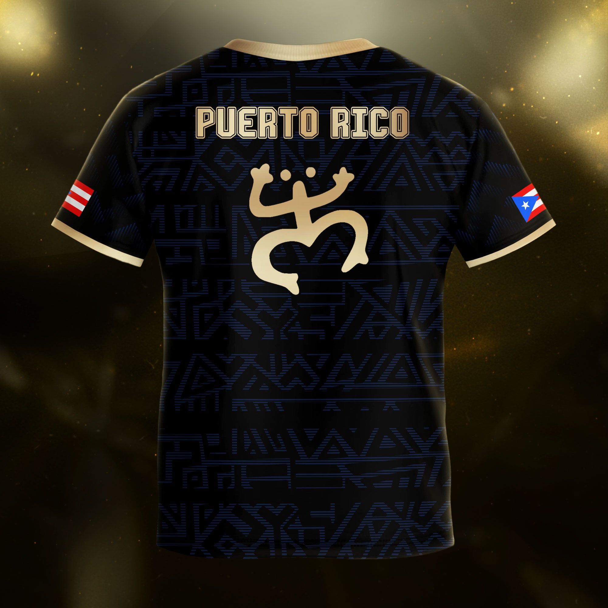 Puerto Rico Kids Youth Black Navy Gold Taino Sun God Tribal Heritage Soccer Jersey