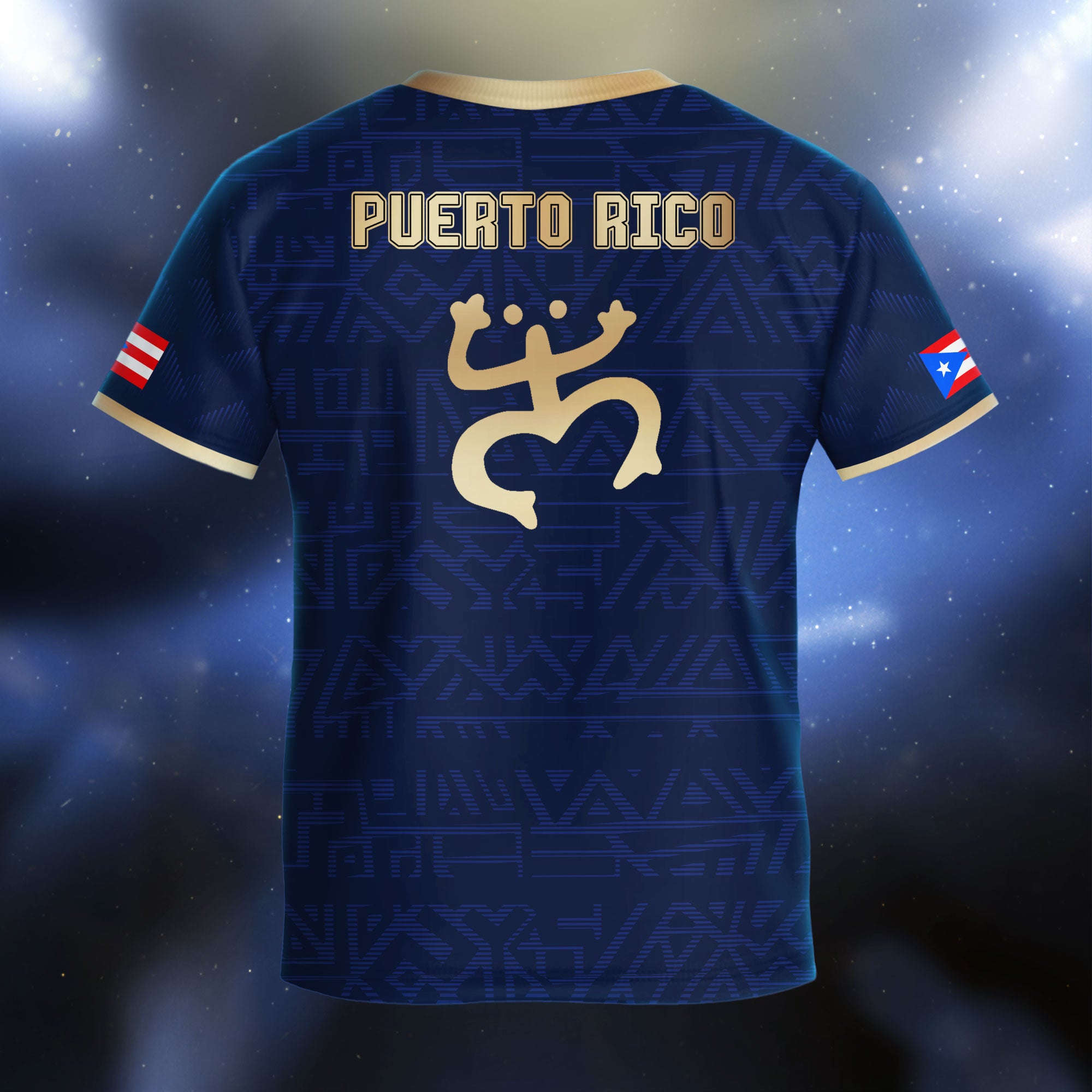 Camiseta de fútbol juvenil de Puerto Rico para niños, color dorado, azul marino, dios del sol taíno, herencia nacional boricua antigua