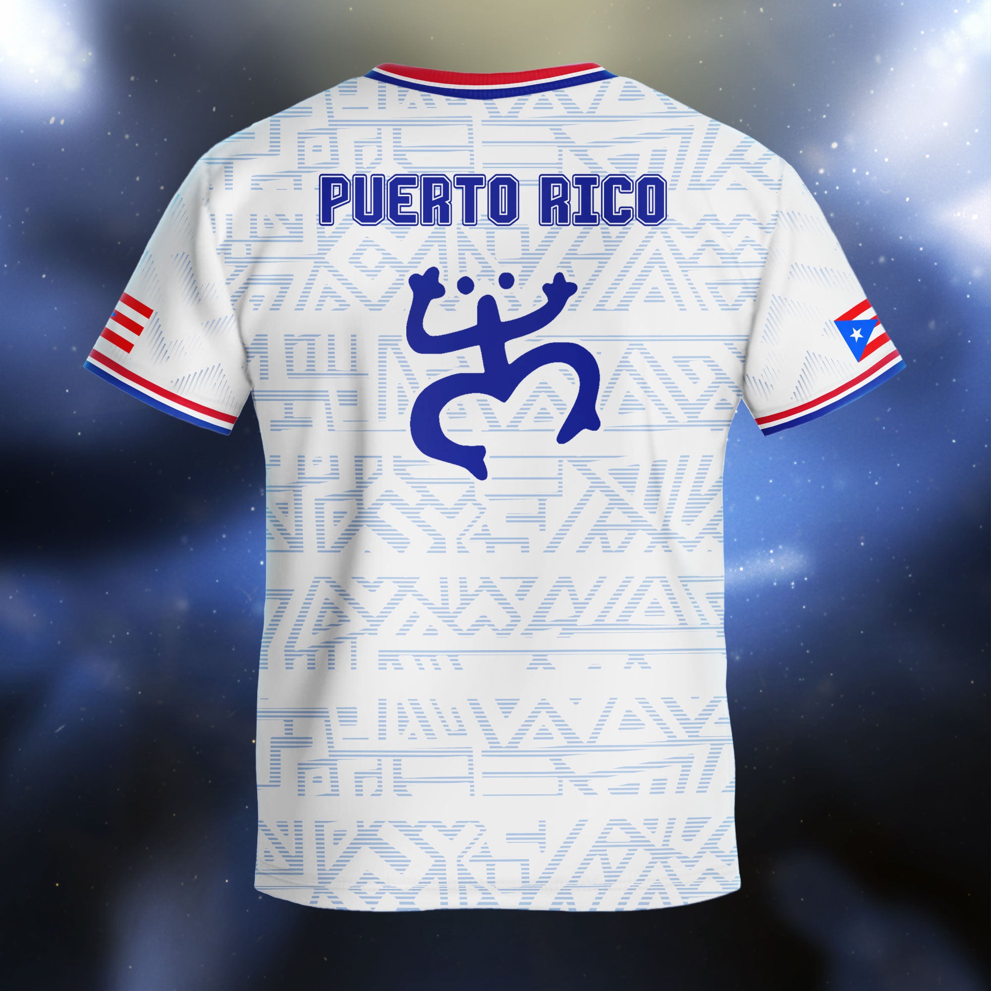 Camiseta de fútbol juvenil blanca y azul de la tribu boricua del sol taíno de Puerto Rico para niños